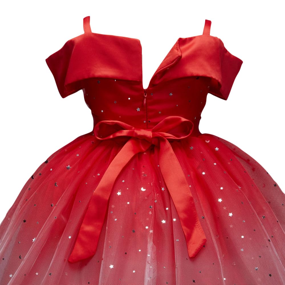 Hopscotch Girls Knee Length Party Dresses in Red Color for Ages (6-7 Years)
