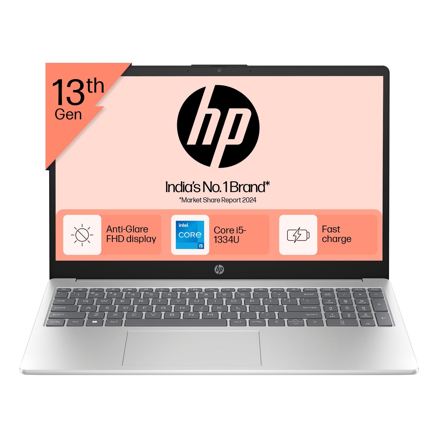 HP 15, 13th Gen Intel Core i5-1334U Laptop (16GB DDR4, 512GB SSD) Anti-Glare, 15.6"/39.6cm, FHD, Win 11, MS Office 21, Silver, 1.59kg, Intel Iris Xe Graphics, 1080p FHD Camera, Backlit KB, fd0221TU