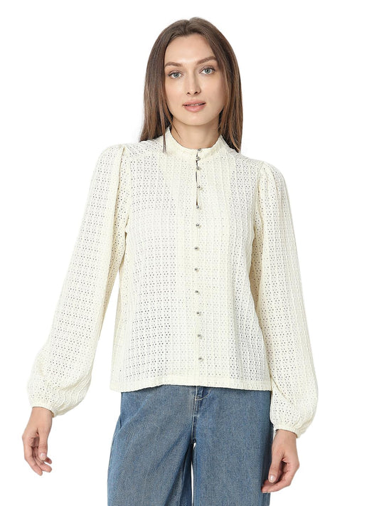 VERO MODA Women Self Design White Polyester Regular Fit Top