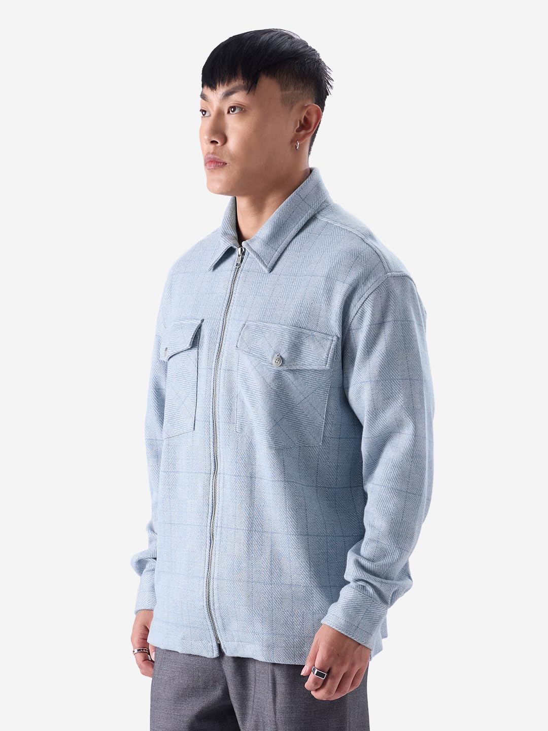 The Souled Store Blue Windowpane Men and Boys Long Sleeve Zipper Front Collared Neck Oversized Fit Shackets