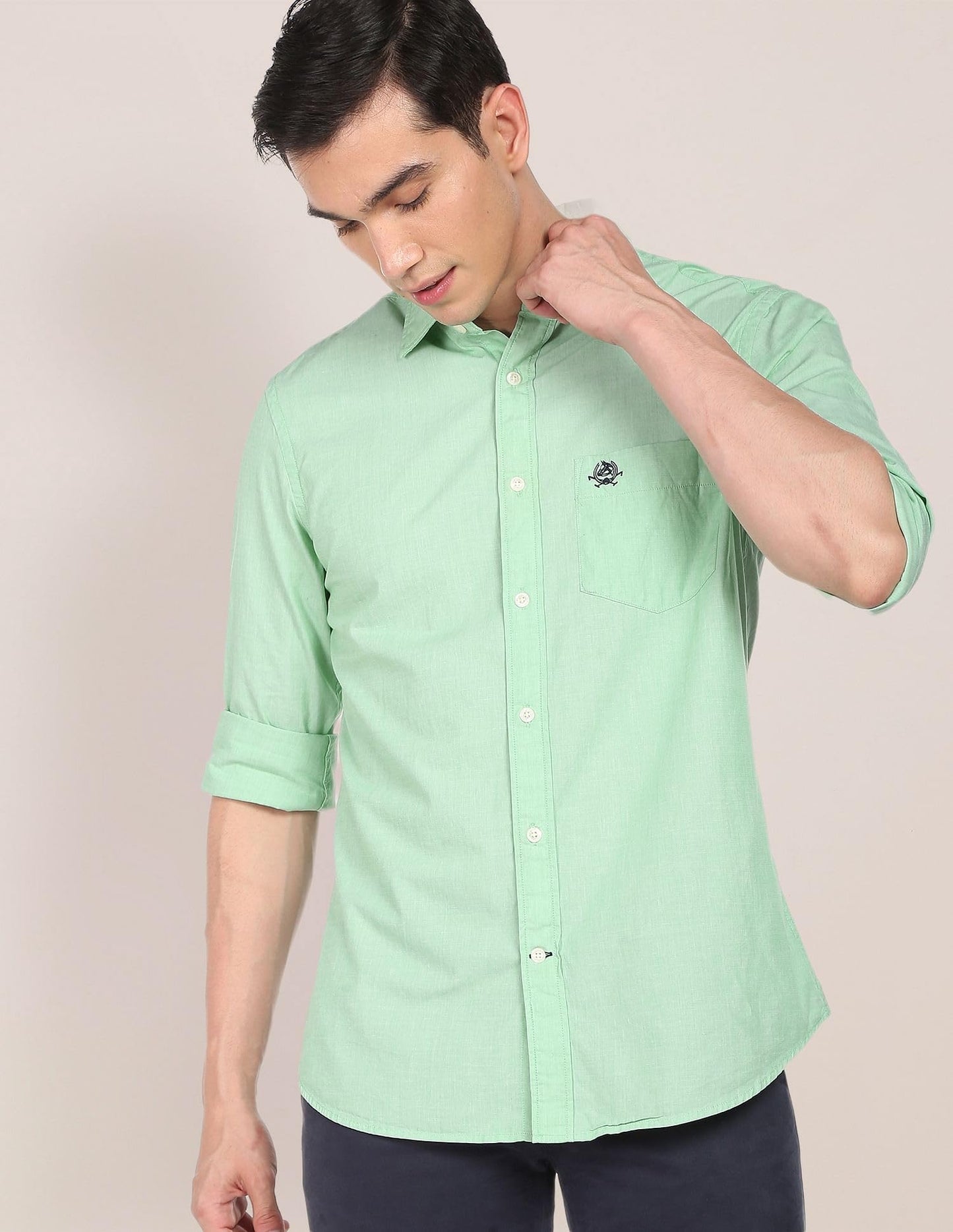U.S. POLO ASSN. Men's Solid Spread Collar Premium Cotton Tailored Fit Shirt (USSHTR0004_Green_L)