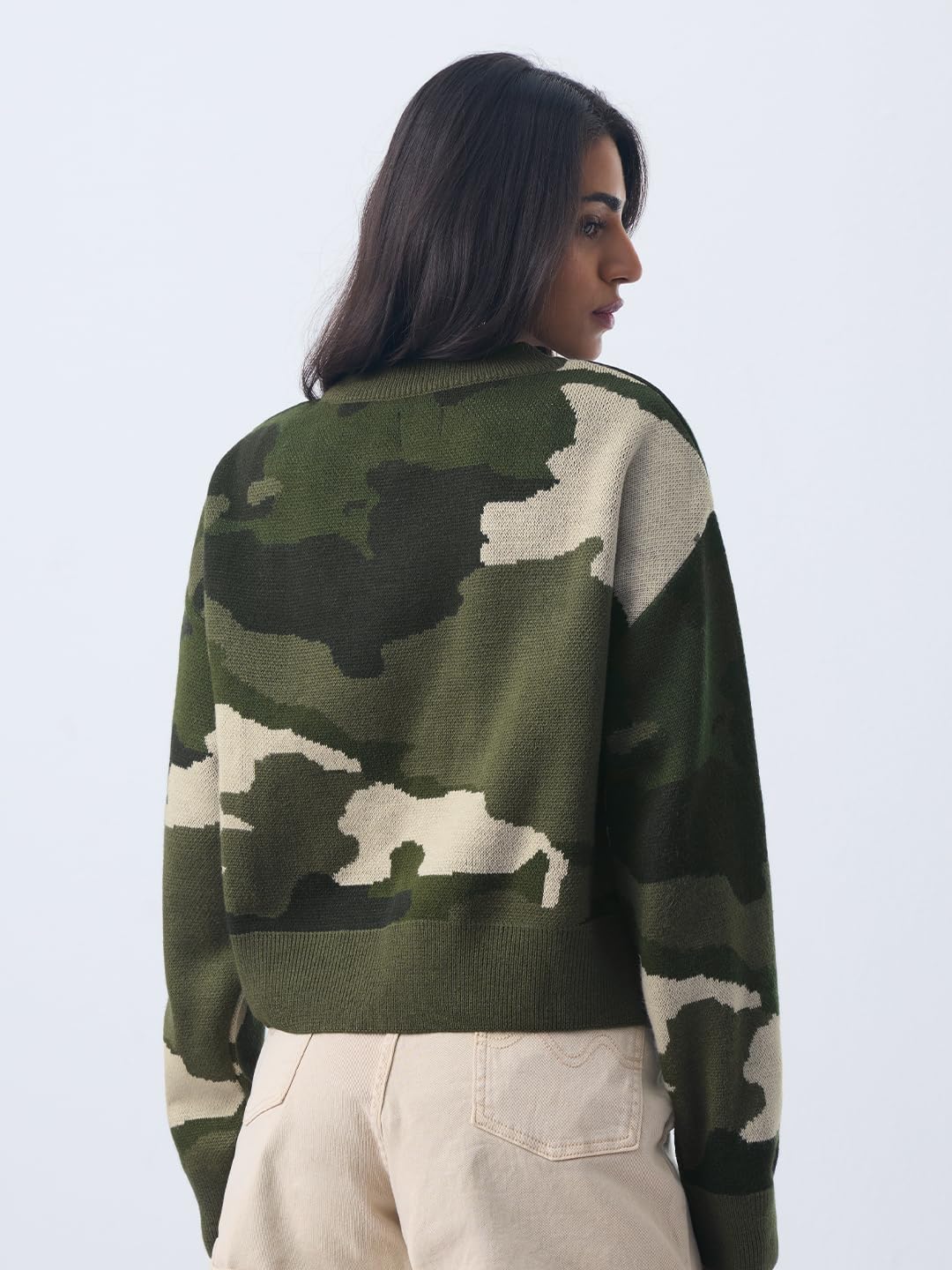 The Souled Store Aspire Women and Girls Full Sleeves Round Neck Multicolor Camouflage Printed Acrylic Oversized Fit Sweater