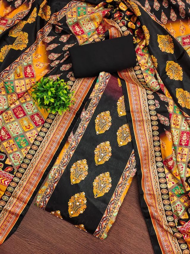 VARNI FABRICS Chinnon Dress Material for Women Pakistani Print Unstitched Woman Salwar Suit Dress Material With Chinnon Dupatta Black