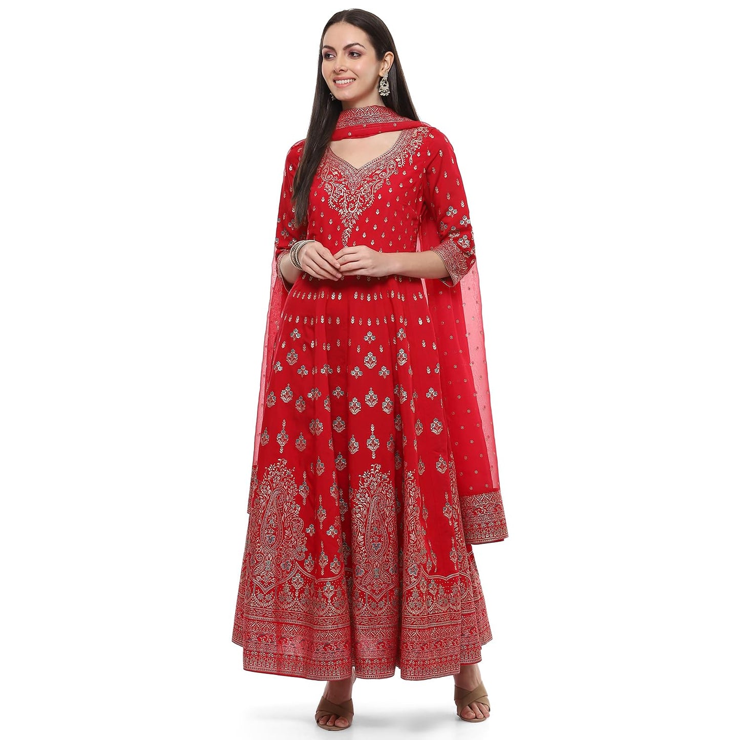 BIBA Women Printed Silk Anarkali Salwar Kurta Dupatta(Skddurgotsa8919_Red_36)