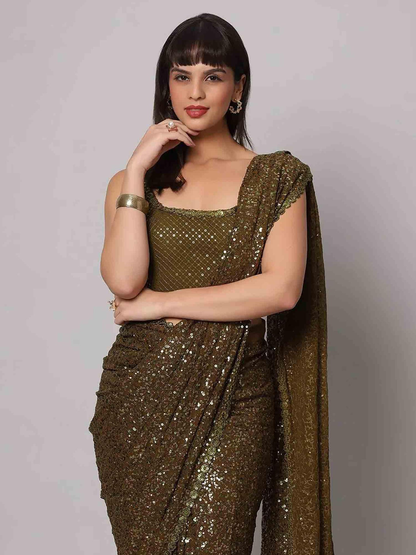 Zeel Clothing Women's Mehandi Green Sequins Work Heavy Georgette Saree with Blouse (1004-Olive-Green-Sequins-Party-Saree-New, Olive Green)