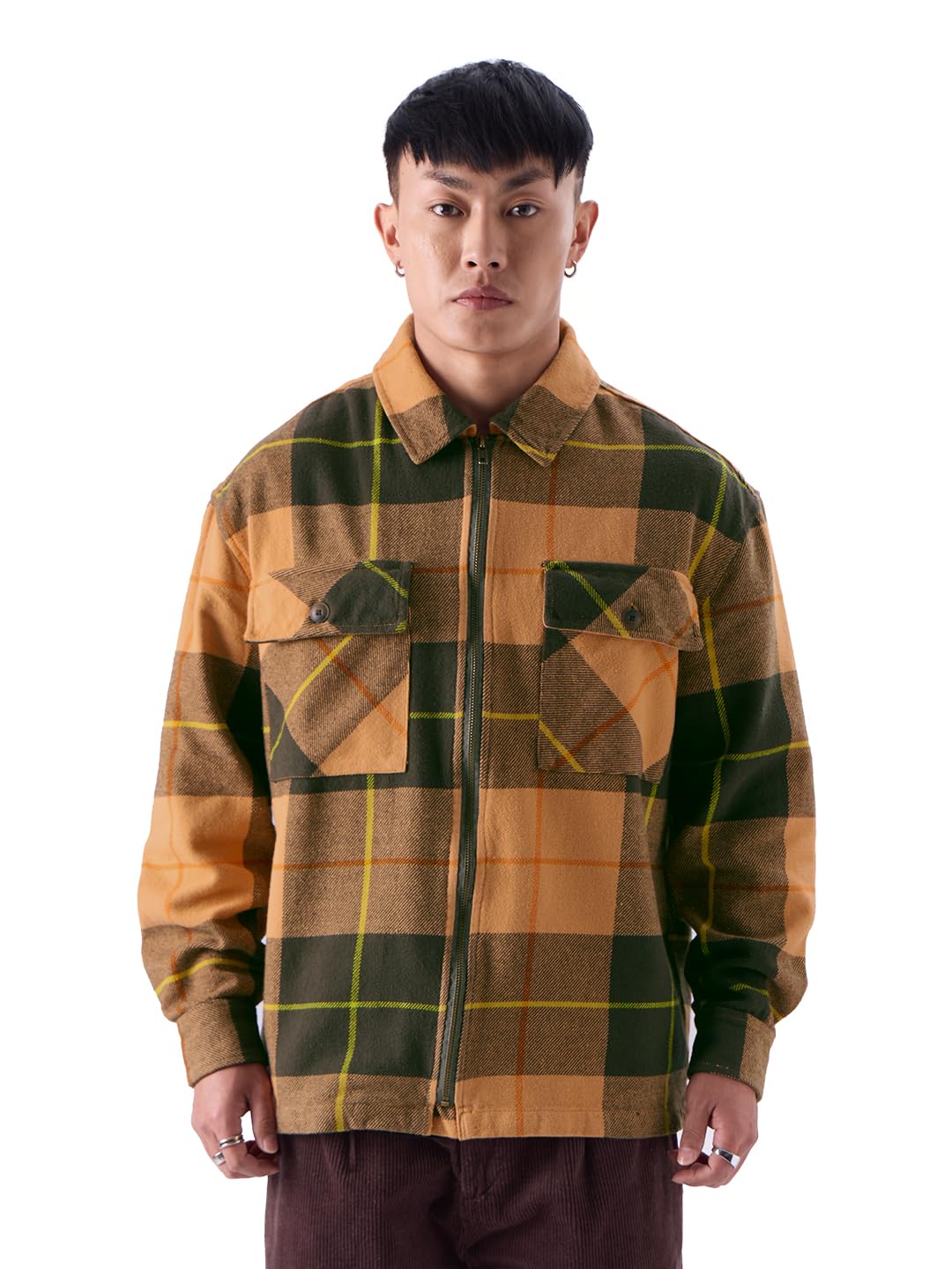 The Souled Store Ochre Vibes Men and Boys Long Sleeve Zipper Front Oversized Fit Cotton Flannel Shackets Men's Flannel Shirt Winter Plaid Thick Jackets Shackets for Men Outerwear Layering Shirts