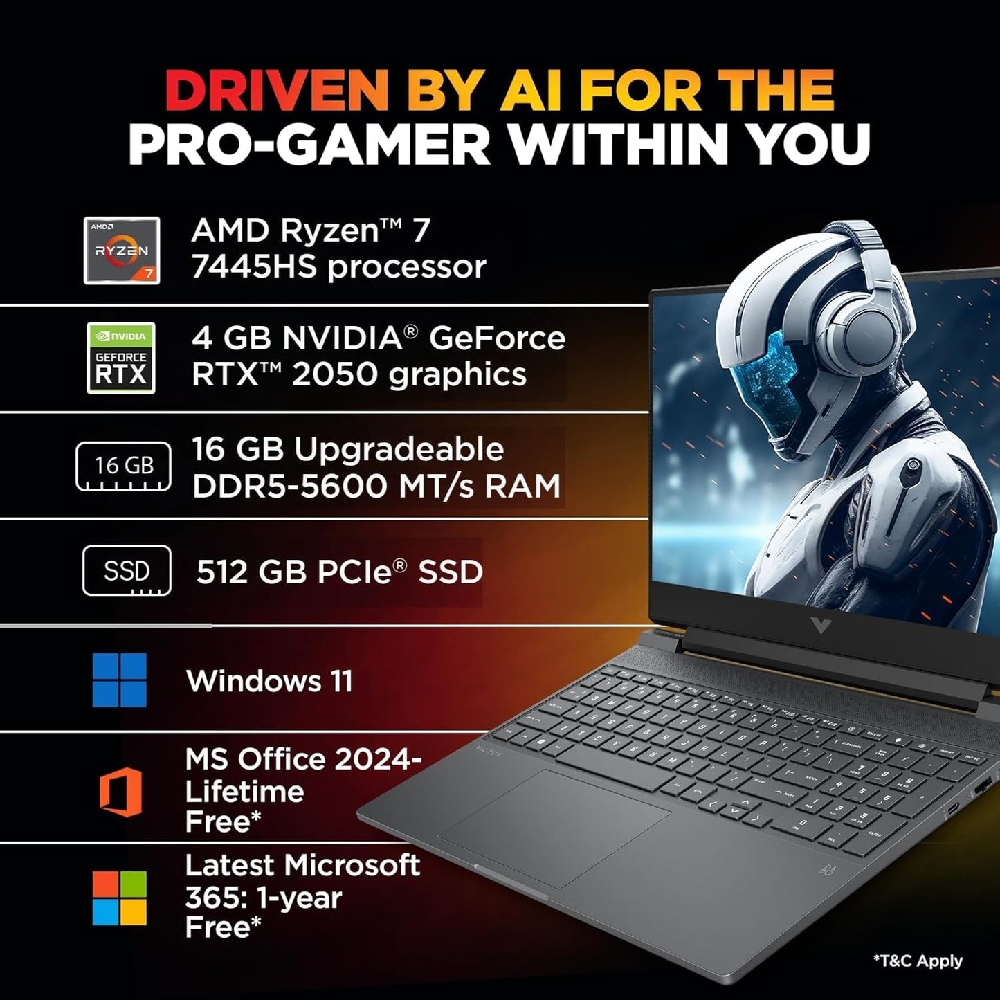 HP Victus, AMD Ryzen 7 7445HS, 4GB RTX 2050, 16GB DDR5(Upgradable) 512GB SSD, FHD, 144Hz, 300 nits, IPS, 15.6''/39.6cm, Win11, M365* Office24, Mica Silver, 2.29kg, fb3123AX, Backlit, Gaming Laptop