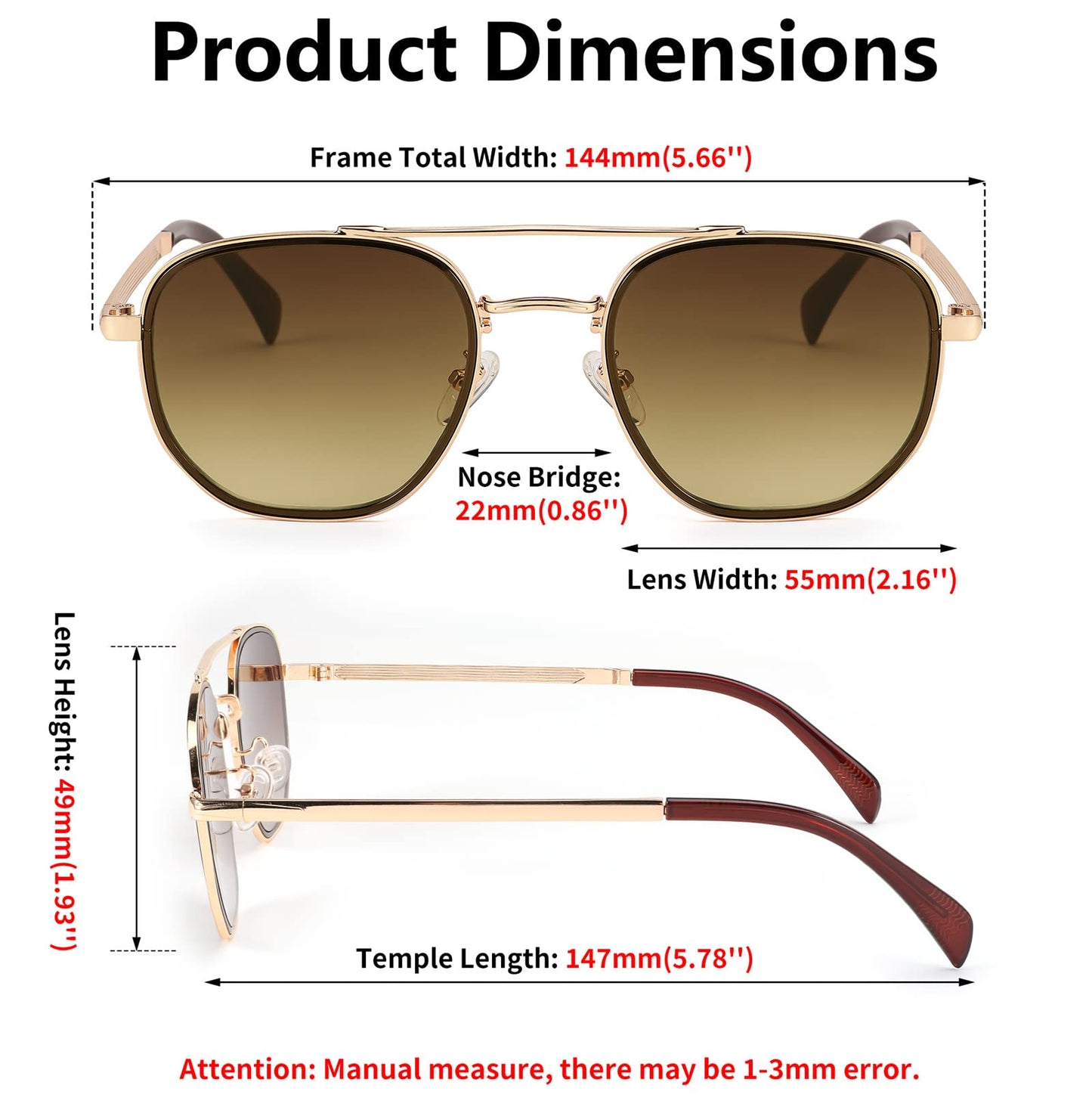 FEISEDY Women Men Square Aviator Sunglasses Gradient Lens Retro Small Metal Shades B2953 (55) (002 Golden Frame & Brown Gradient Lens)