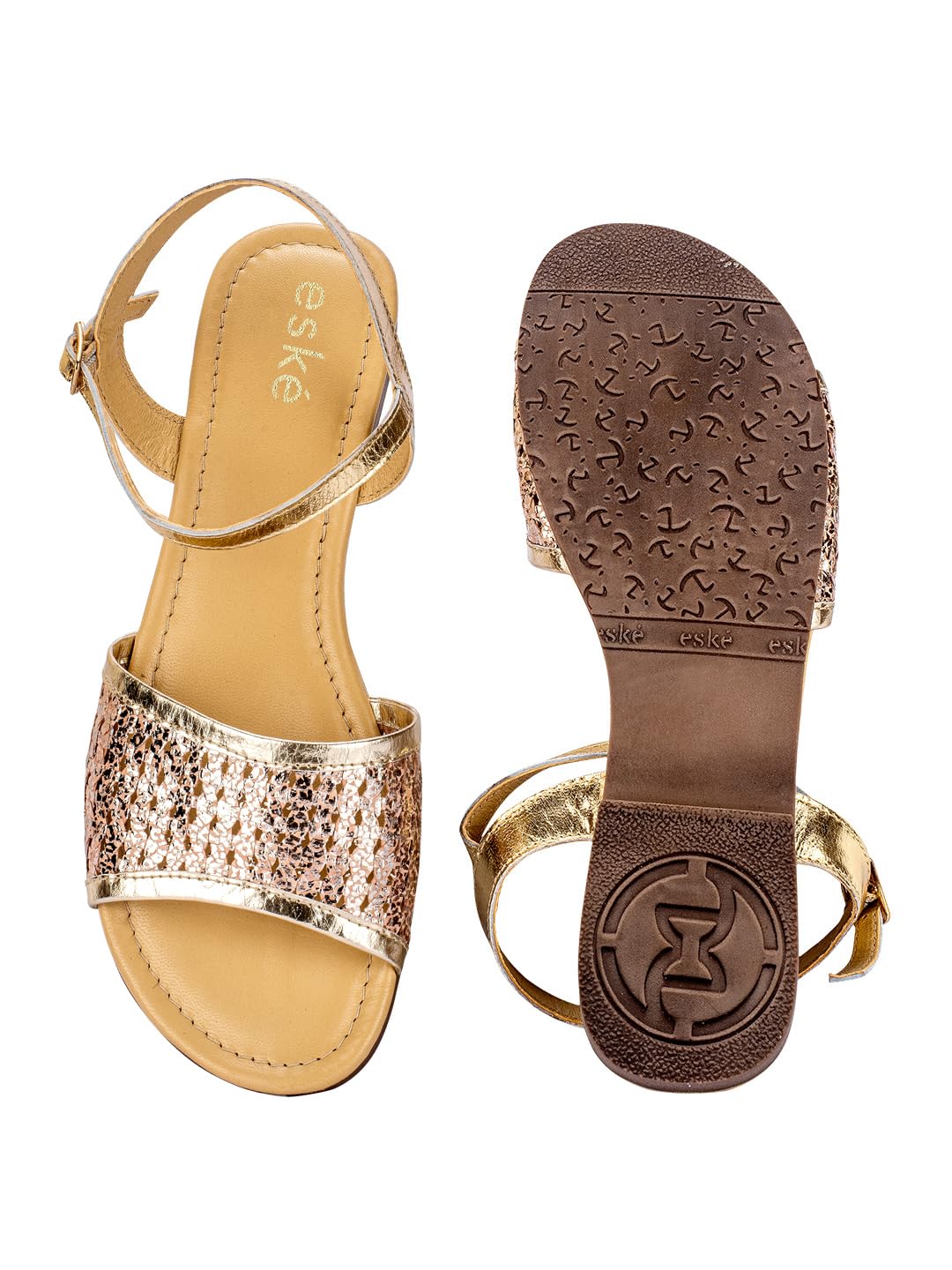 eske Cielle Women's Metallic Leather Flat Sandals with Ankle Strap | Buckle Closure | Cushioned Leather Insole | Glitter Embellished Party Wear Flats for Women