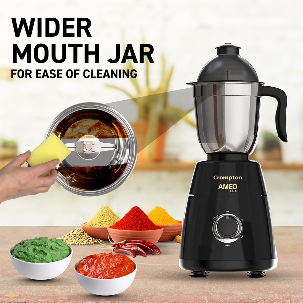 Crompton Ameo Classic 750W Mixer Grinder | Powertron Motor | MaxiGrind Technology | 3 Stainless Steel Jars | 1 Blender Jar with fruit filter | Black