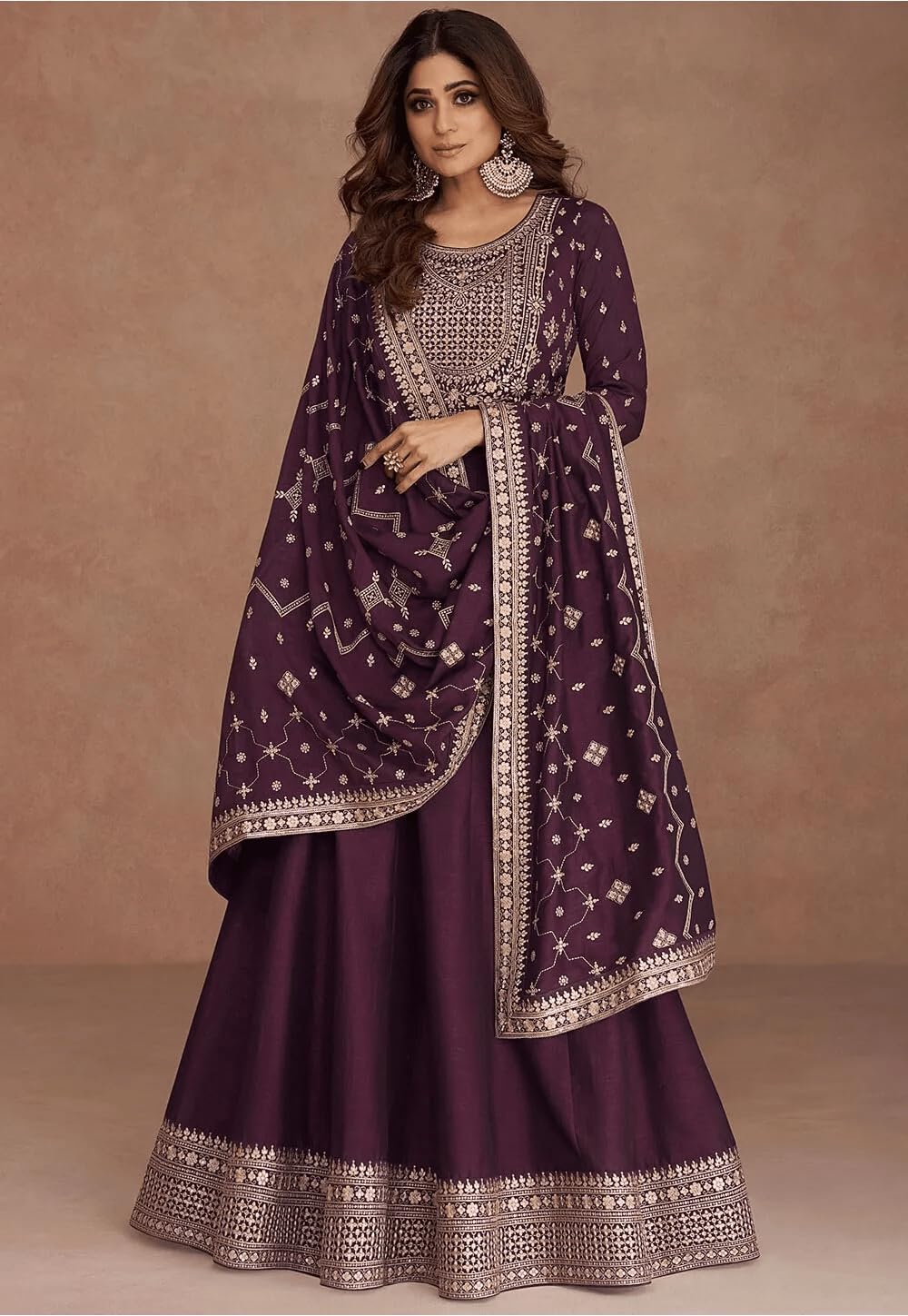Anarkali Gown with Dupatta Set for Women, Chinon Fabric || Ethnic Gown (in, Alpha, 3XL, Regular, Dark Purple)