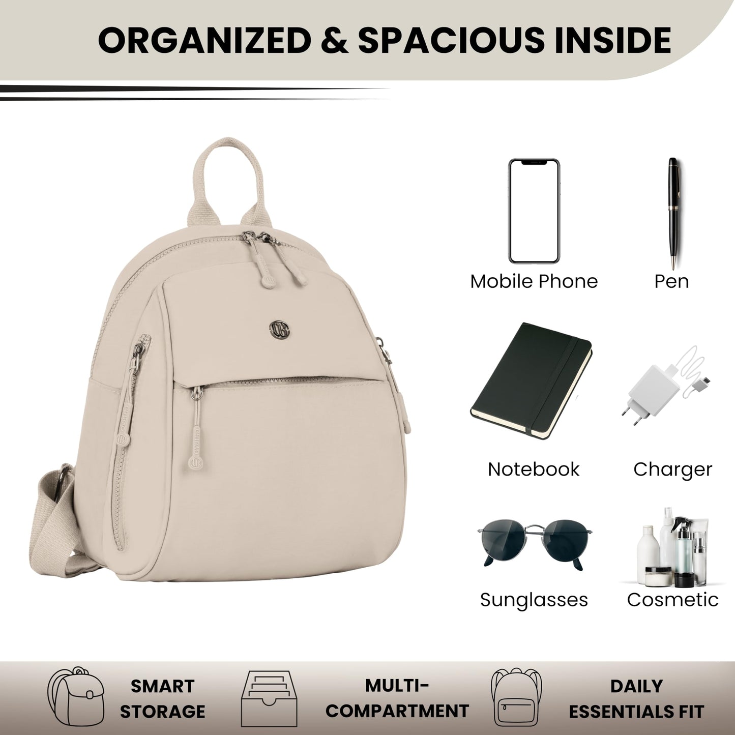 TS WITH TECHSUN Women Mini Backpack | Water-Resistant Compact Bag for Travel, Daily Use & Casual Outings | Fits Only Essentials (L) 26CM X (W) 15CM X (H) 32CM ((L) 26CM X (W) 15CM X (H) 32CM) BEIGE