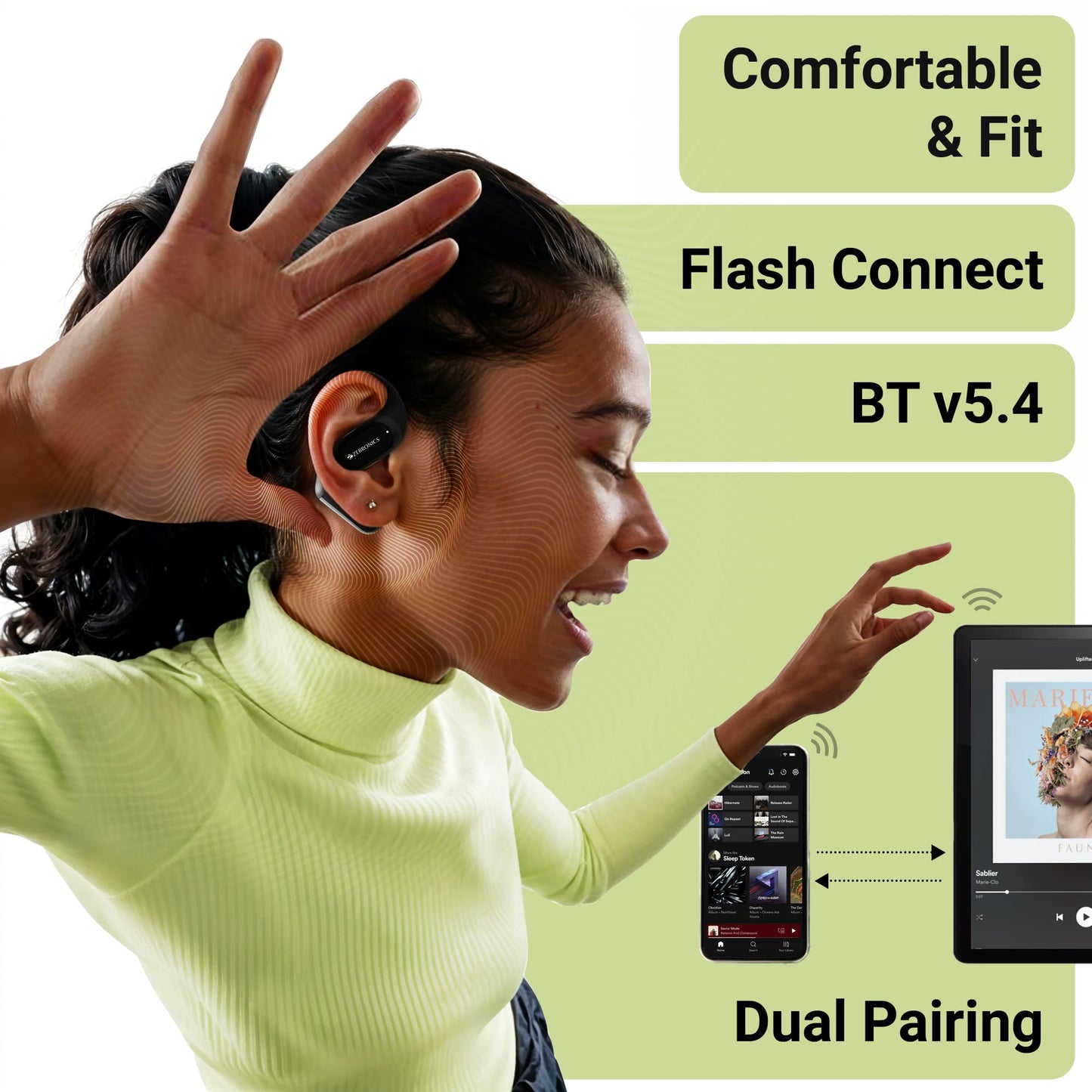 ZEBRONICS PODS O, Wireless Open-Ear Earbuds, OWS, 40 Hrs Backup, Neodymium Drivers, Ultra Comfort Fit, Quad MIC ENC, Rapid Charging, Bluetooth, Dual Pairing, Flash Connect, Low Latency Gaming (Black)