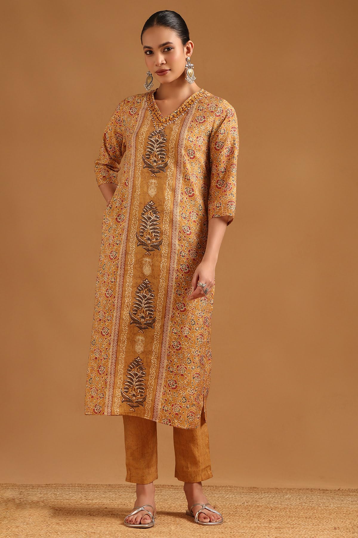Soch Womens Mustard Viscose Blend Botanical Salwar Suit With Beads