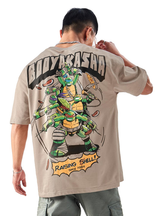 The Souled Store Official TMNT: Booyashaka Mens and Boys Oversized fit Graphic Printed Half Sleeve Cotton Light Brown Color Oversized T-Shirts (238920_XXL_Light Brown)