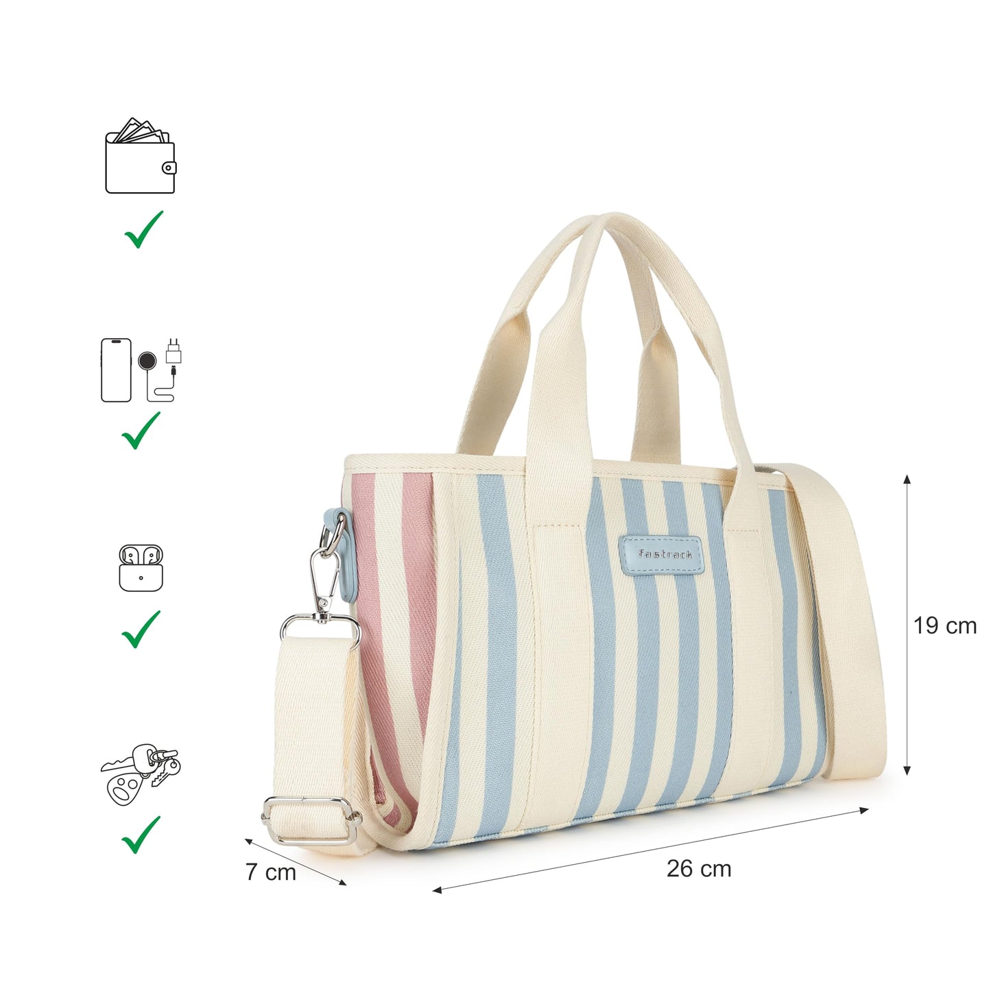 Fastrack Striped Canvas Satchel Bag for Women | Compact Structured Handbag with Zip Closure, Internal Pockets and Detachable Strap | Everyday Crossbody for Work, Errands and Casual Outings