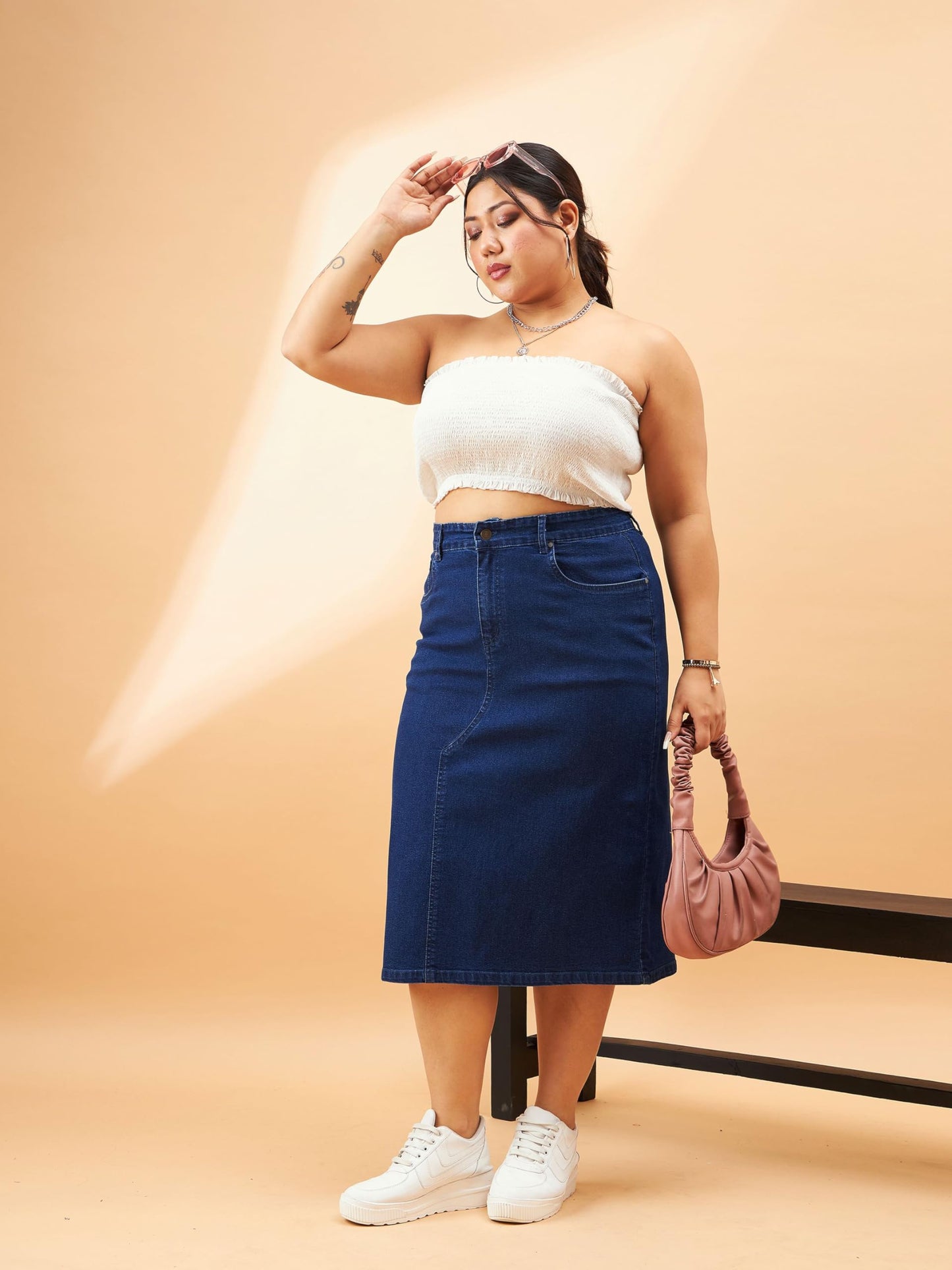 Navy Denim Acid Wash A-Line Skirt