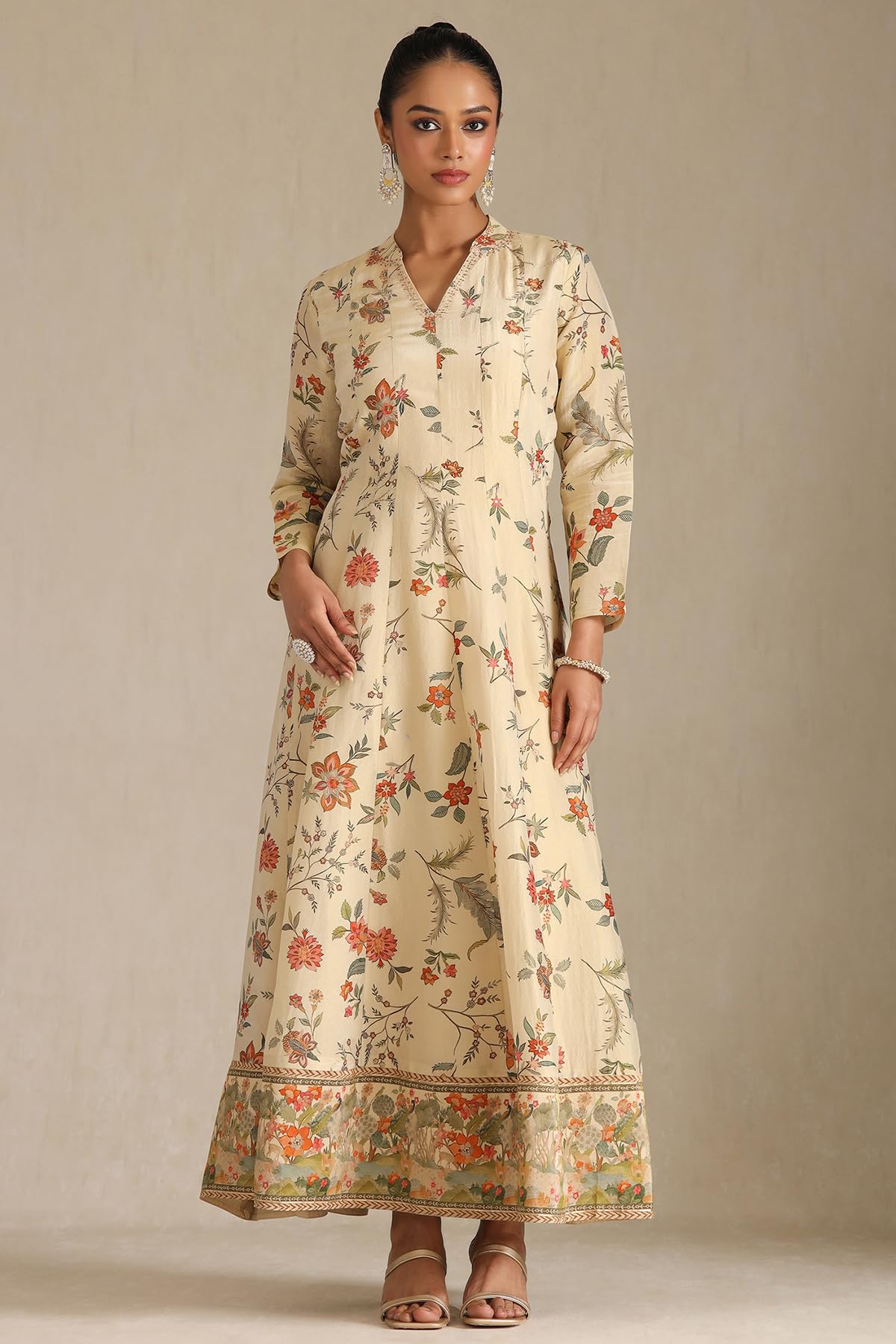 Soch Womens Beige Viscose Floral Print Gown with Cutdana