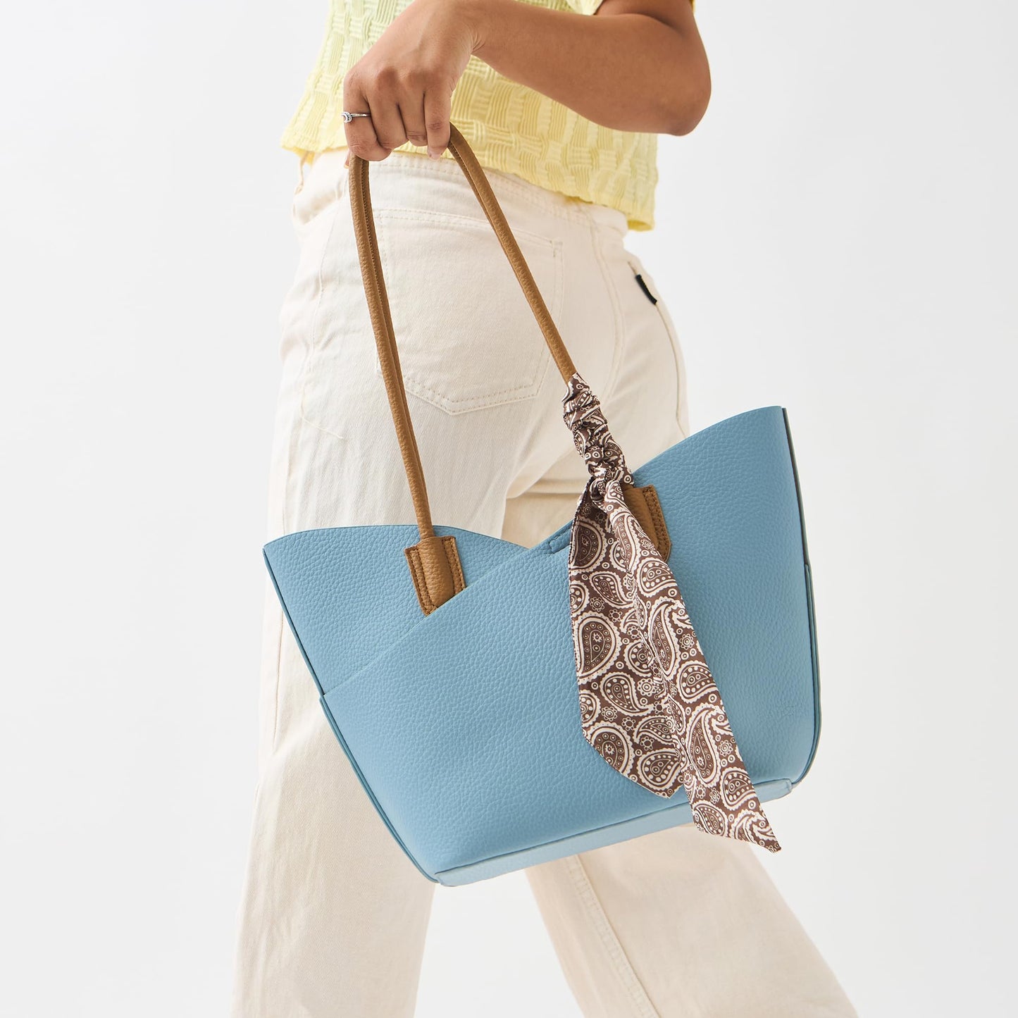 Chumbak Skies Tote with Shoulder Strap & Scarf | Powder Blue | Multipurpose Hand Bag with Pouch for Shopping | Hand Held Bag for Women and Girls | Solid Colour Handbag