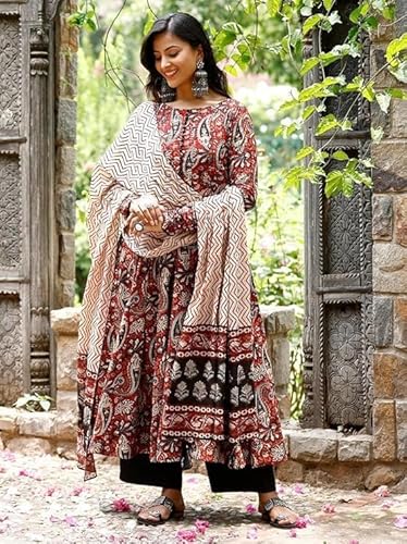 Avayayat Women's Rayon Blend Anarkali Printed Kurta with Palazzo & Dupatta Set Floral Printed Salwar Suit Set Kurta Pant with Dupatta Kurta Set for Women Black (IN, Alpha, XS, Black)
