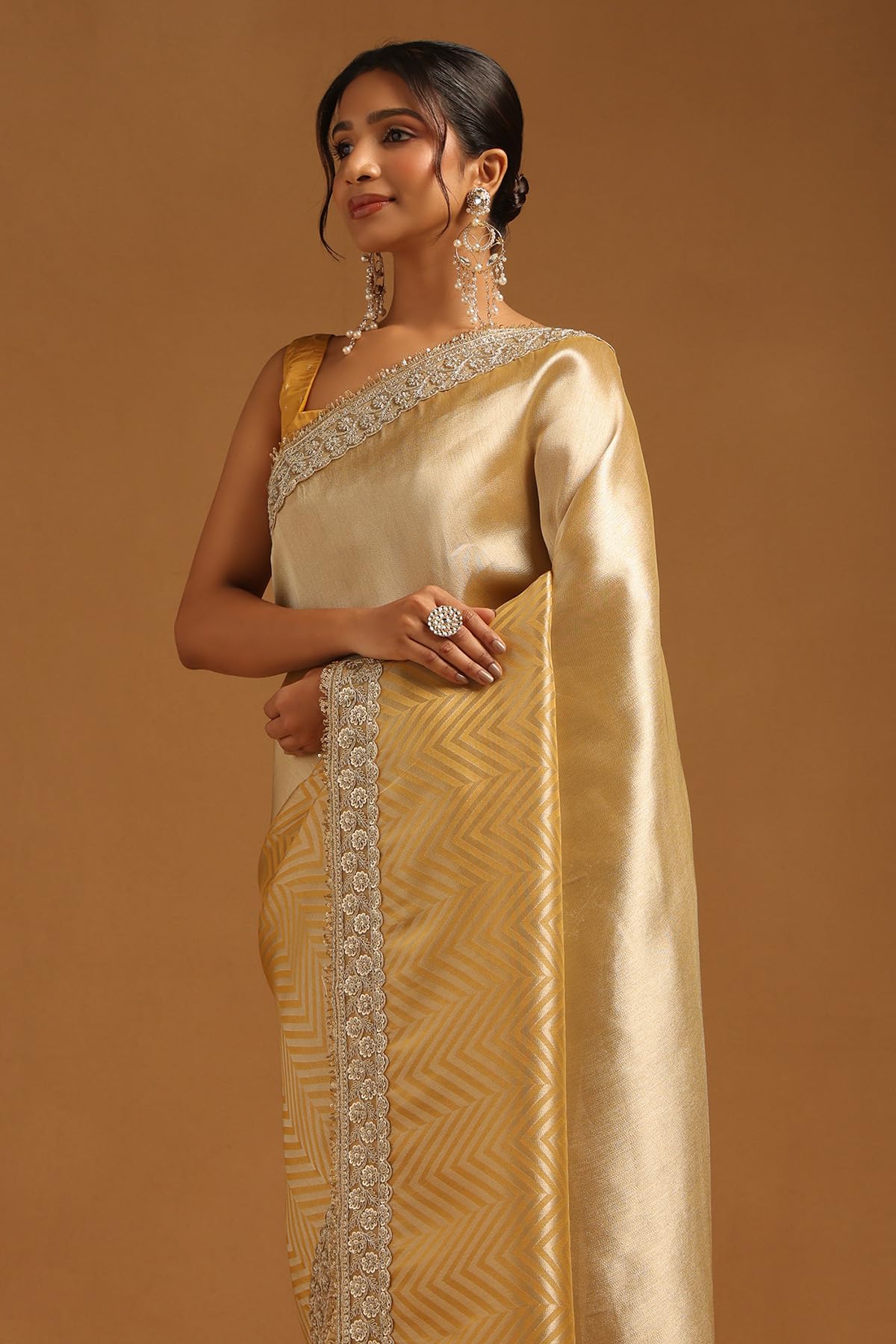 Soch Womens Gold Tissue Chevrons Zari Woven Saree With Sequins