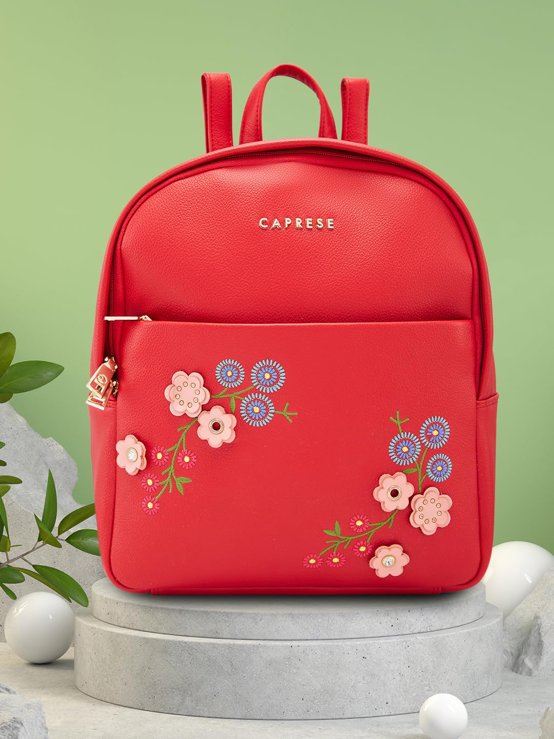 Caprese Erica Casual Backpack, Medium | Floral Embroidered Backpack for Women with Adjustable Shoulder Strap & Secure Zip Closure | Spacious, Versatile for Everyday Outings and Travel (Maroon)