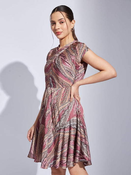 Latin Quarters Women Pink V-Neck Cap Sleeve Printed Fit & Flare Dress for Casual Wear