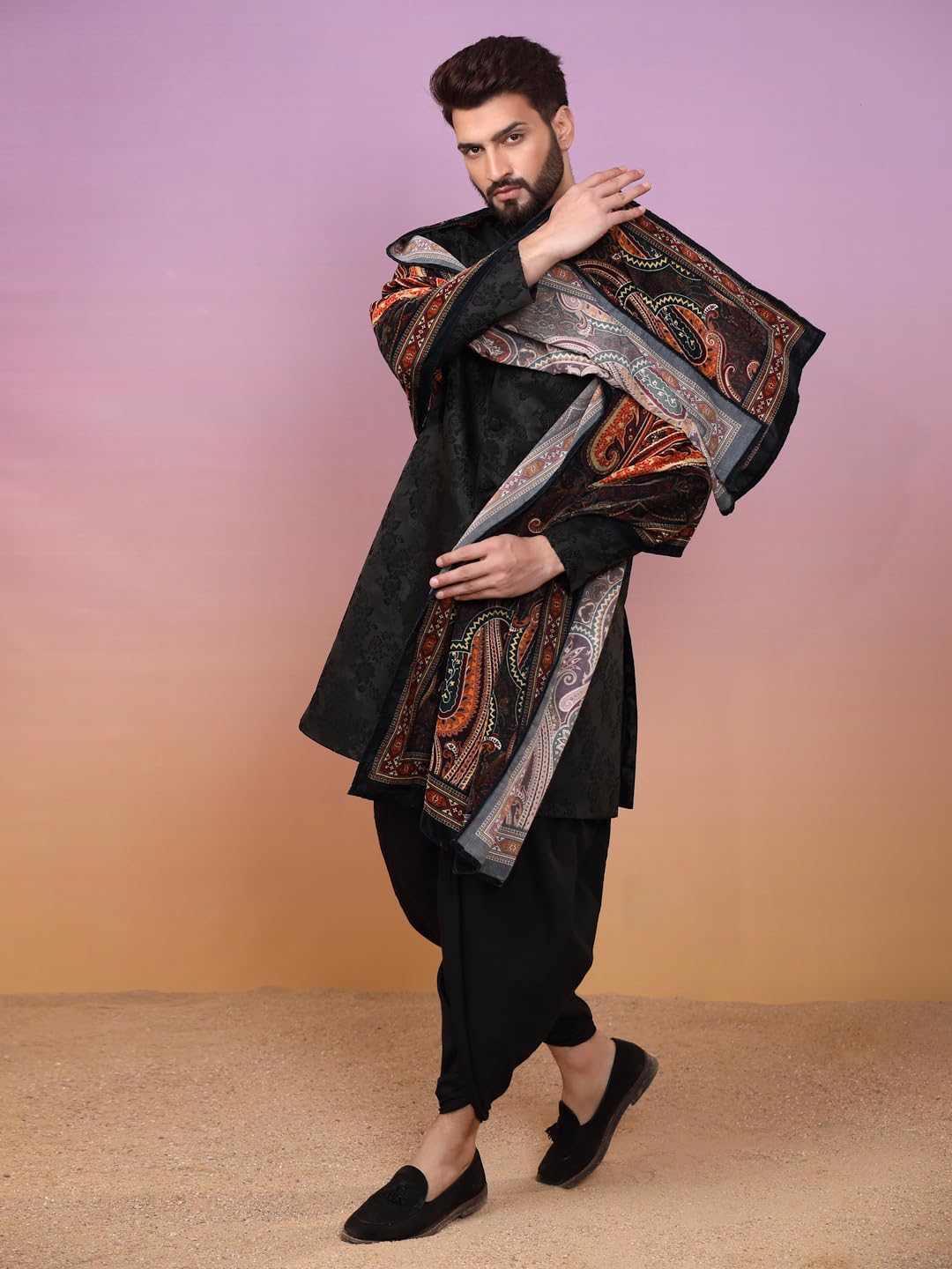 KISAH Indowestern Men's Casual Style Ethnic Wear Silk Blend Woven Design Regular Fit Black Indo-Western Sherwani Set Indo-Western