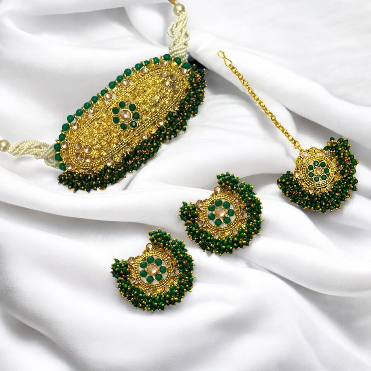 ACCESSHER Gold Plated Green Rajwadi Style Choker Set with Earrings and Maangtikka with a Pair of Gold-Plated Earring Supporter & Maangtikka Supporter Patch Sticker | For Women & Girls