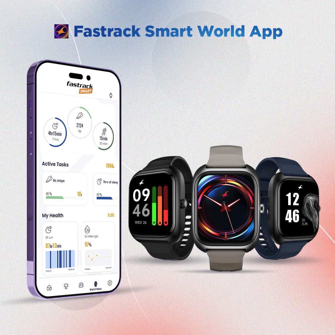 Fastrack Vox Plus 1.85” Smart Watch for Men & Women with Ultra VU Display,to-do List,BT Calling, Offline Voice Commands, 24/7 Health Suite (SPO₂, HRM, Sleep), IP68, Games & Multiple Watch Faces