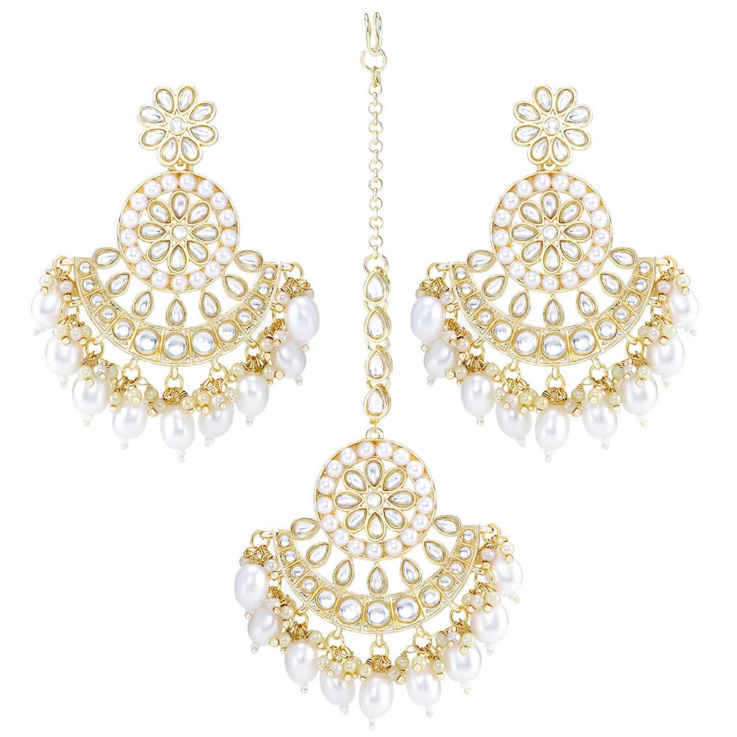 Peora Traditional Gold Plated White Kundan & Pearl Dangle Earrings & Maang Tikka Ethnic Stylish Jewellery Set Gifts for Women & Girls