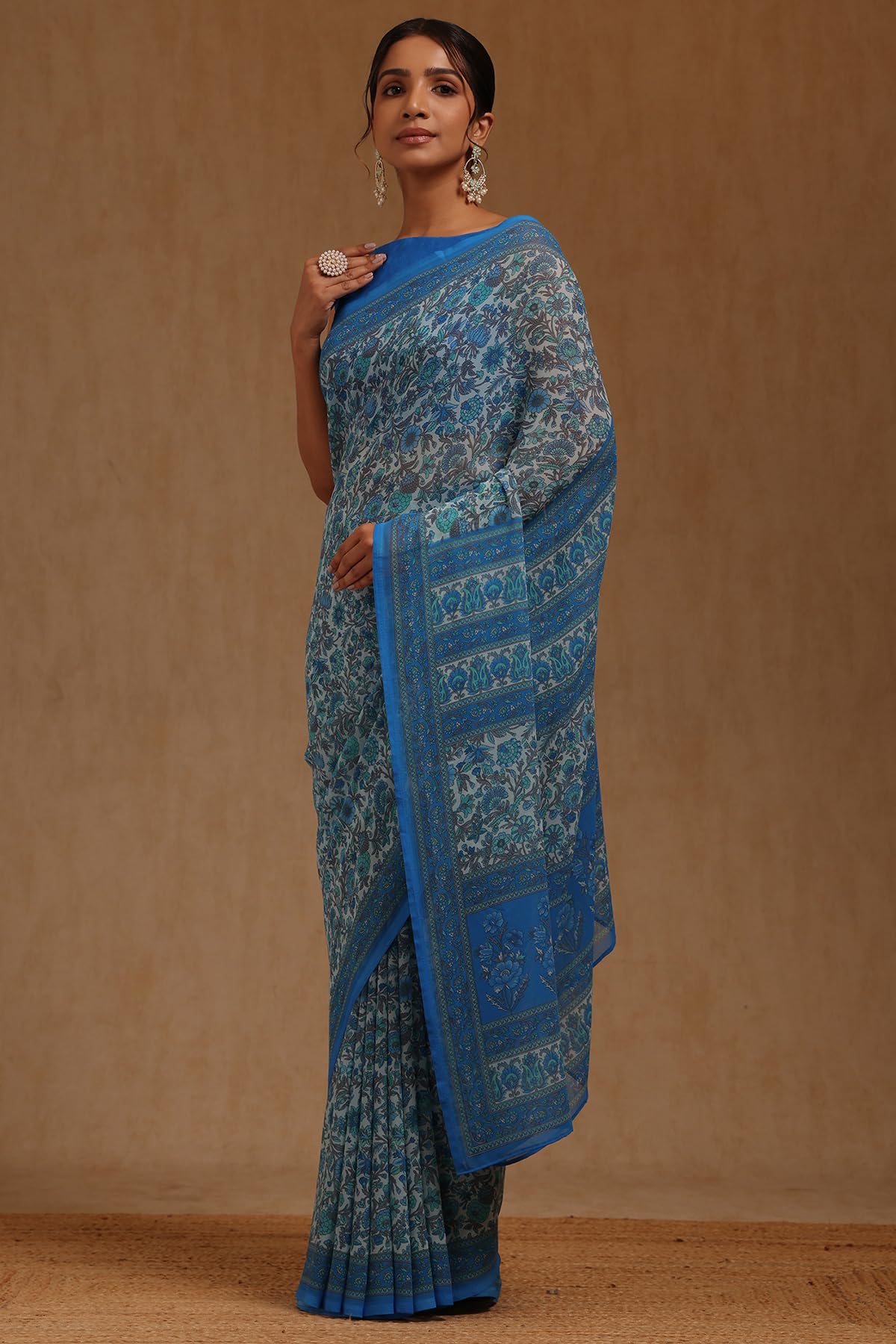 Soch Womens Blue Georgette Floral Print Saree