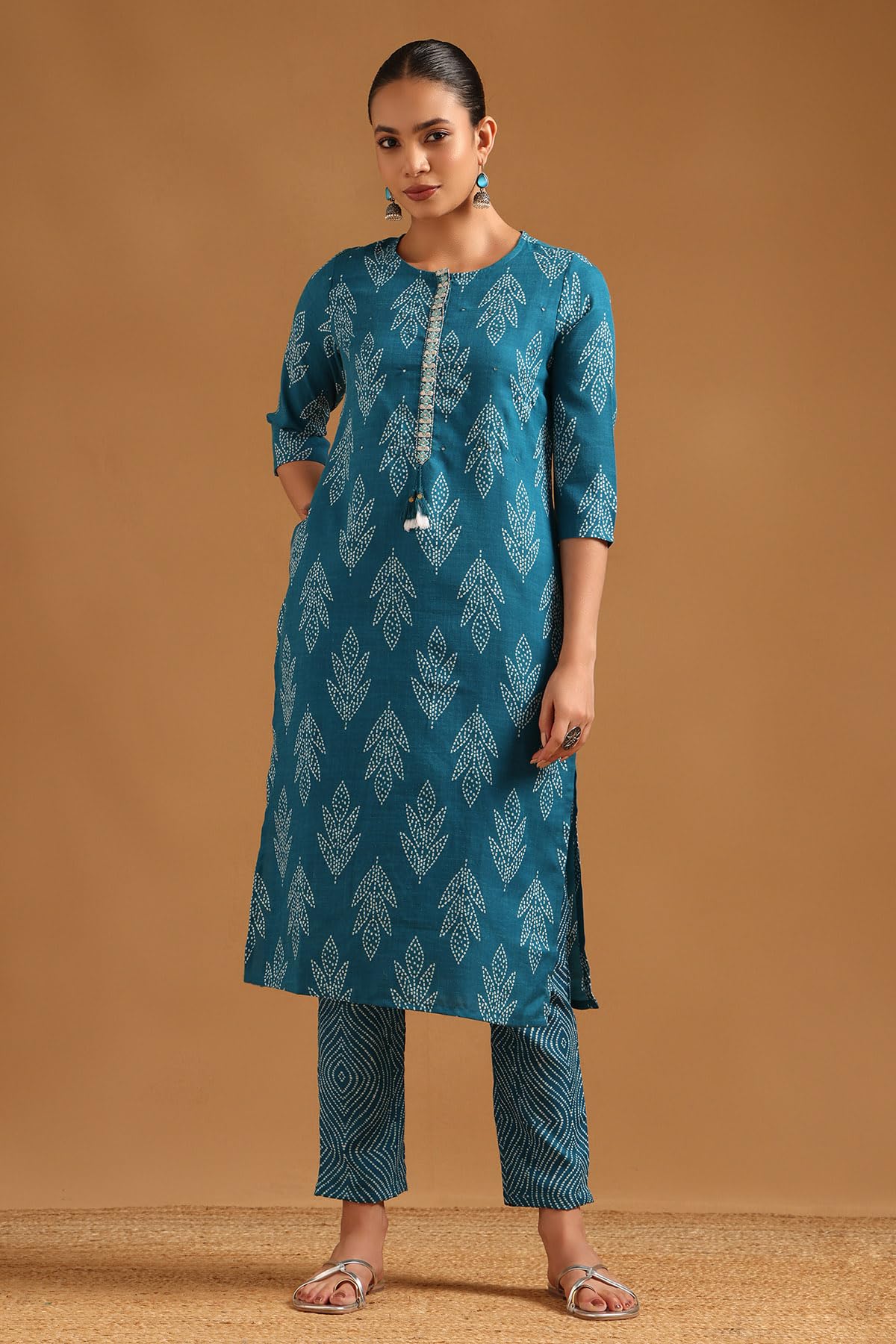 Soch Womens Teal Linen Blend Bandhani Salwar Suit With Faux Mirror And Sequins