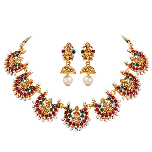 Shining Diva Fashion Latest Temple Design Necklace Set for Women Traditional Choker Gold Plated Jewellery Set for Women (Multicolor) (10653s)