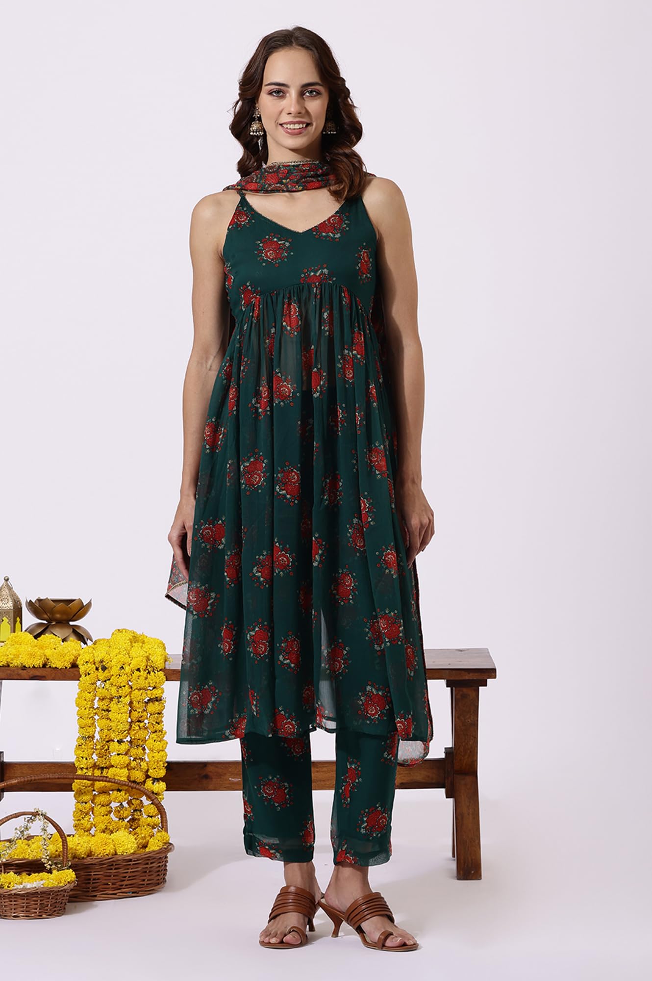 W Green Floral Printed A-line Kurta, Straight Pant & Dupatta for Women (Size: XL)-24AUWS12586-125012