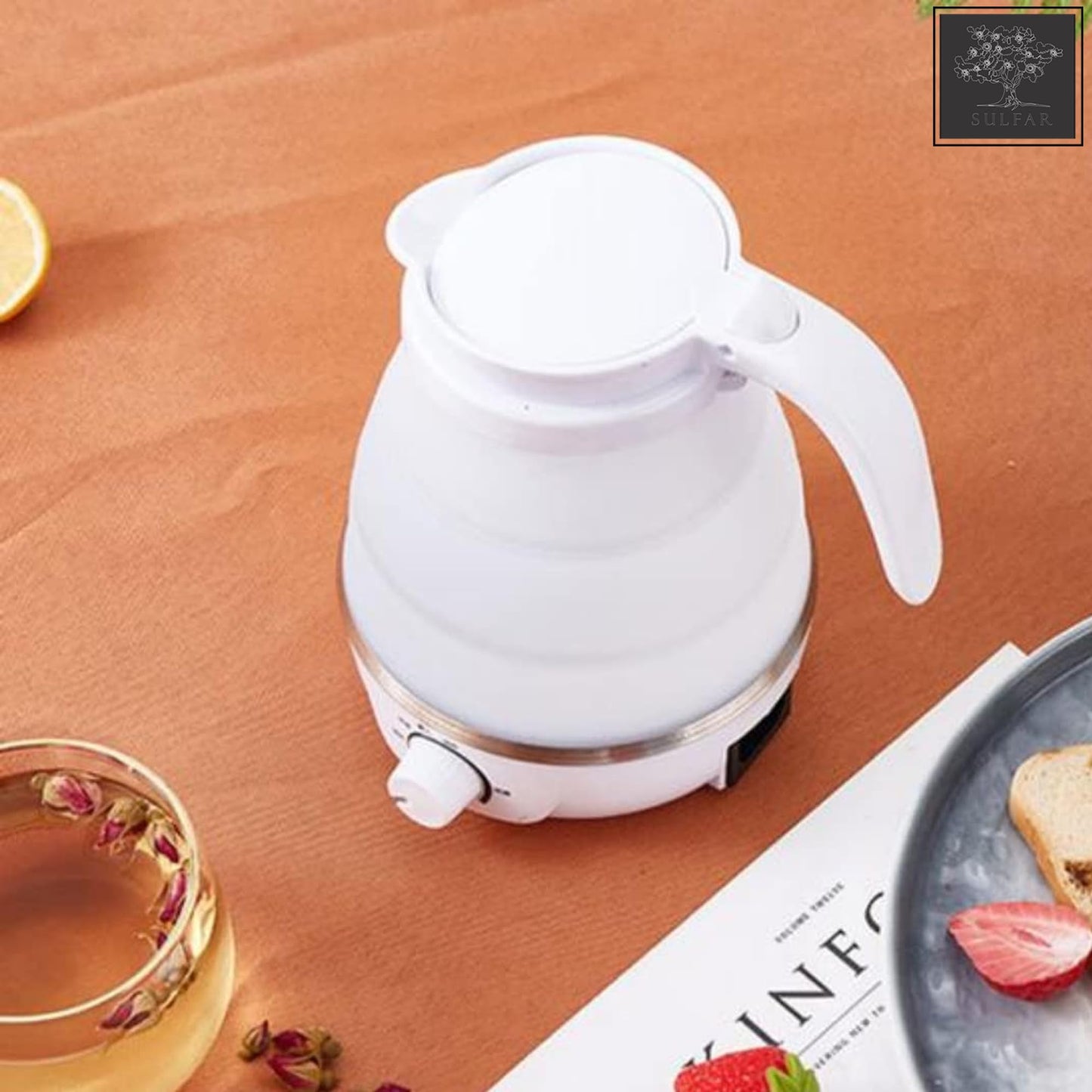 Sulfar Travel Foldable Fast Boiling Portable Electric Kettle - Silicone Food Grade Boil Dry Protection 220V -600ML for Most Travel and Home & Office Use (Blue/White/Pink)