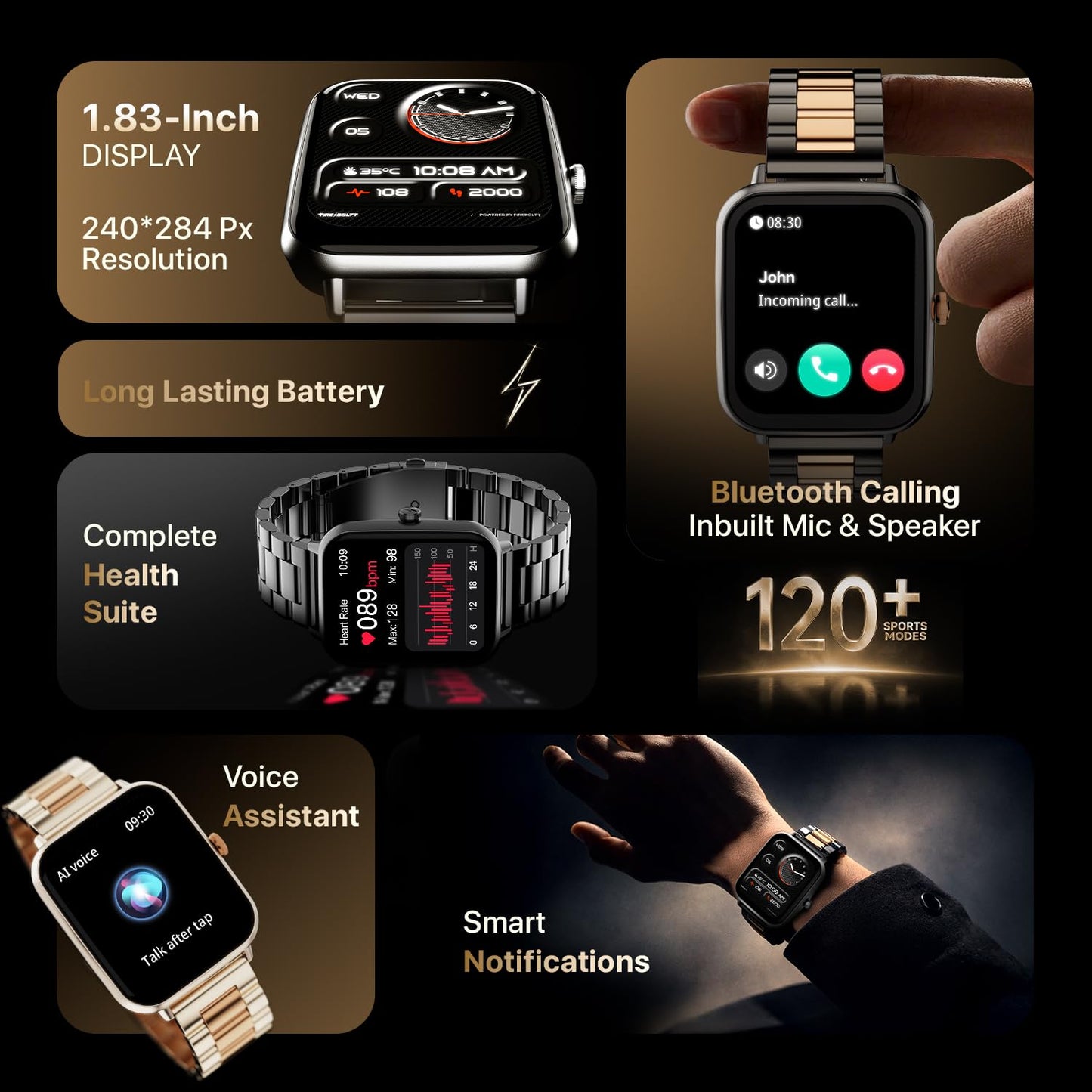 Fire-Boltt Ninja Blaze Smart Watch, Stainless Steel Strap & Steel Body, 1.83” Display Bluetooth Calling Built-in Mic & Speaker, 120+ Sports Modes, Smartwatch for Man and Woman Imperial Gold