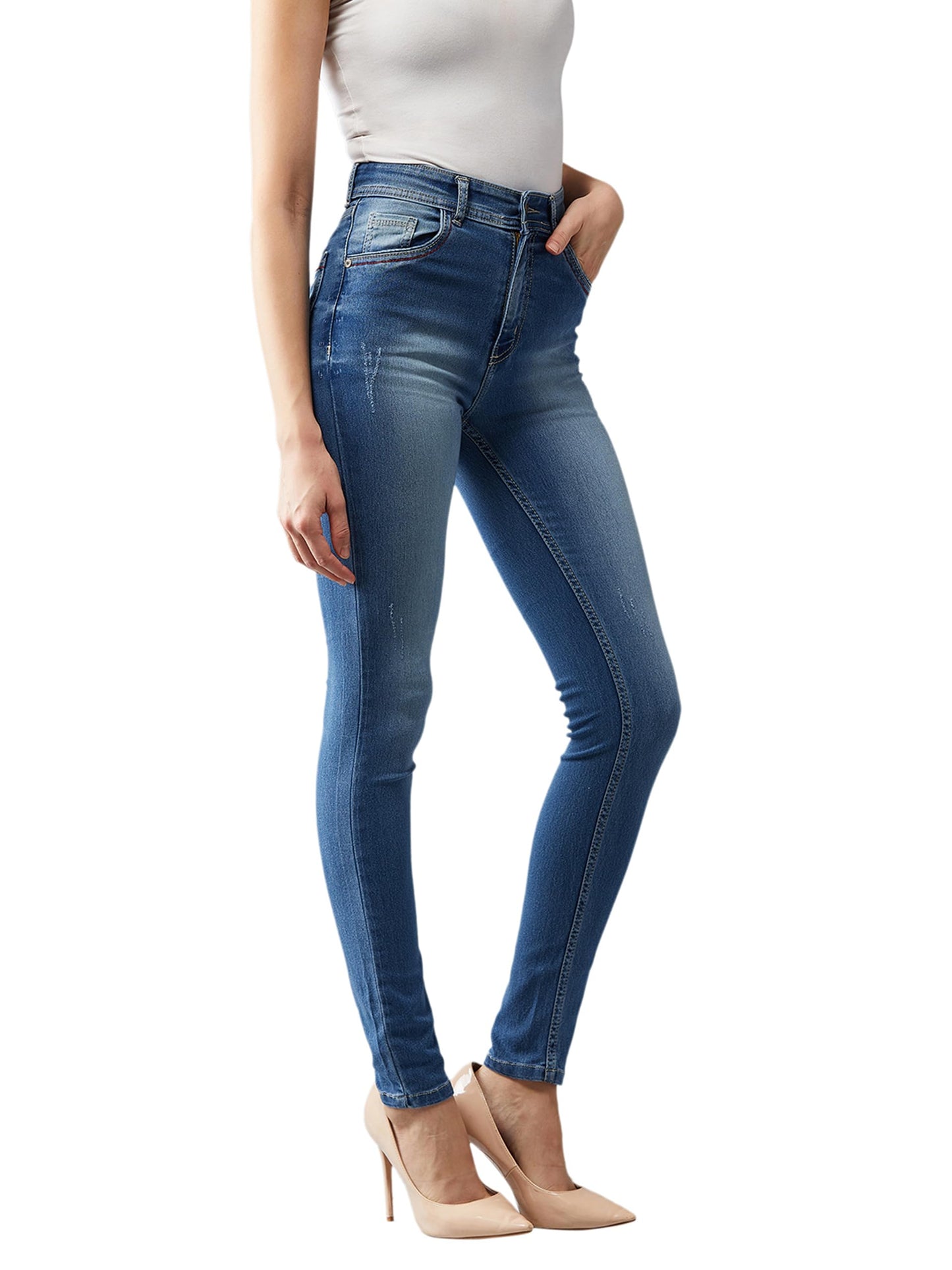 Dolce Crudo Women's Skinny Fit High Rise Regular Length Denim Stretchable Jeans (DOAW25DEN64-75-522-34, Peacock Blue, 34)