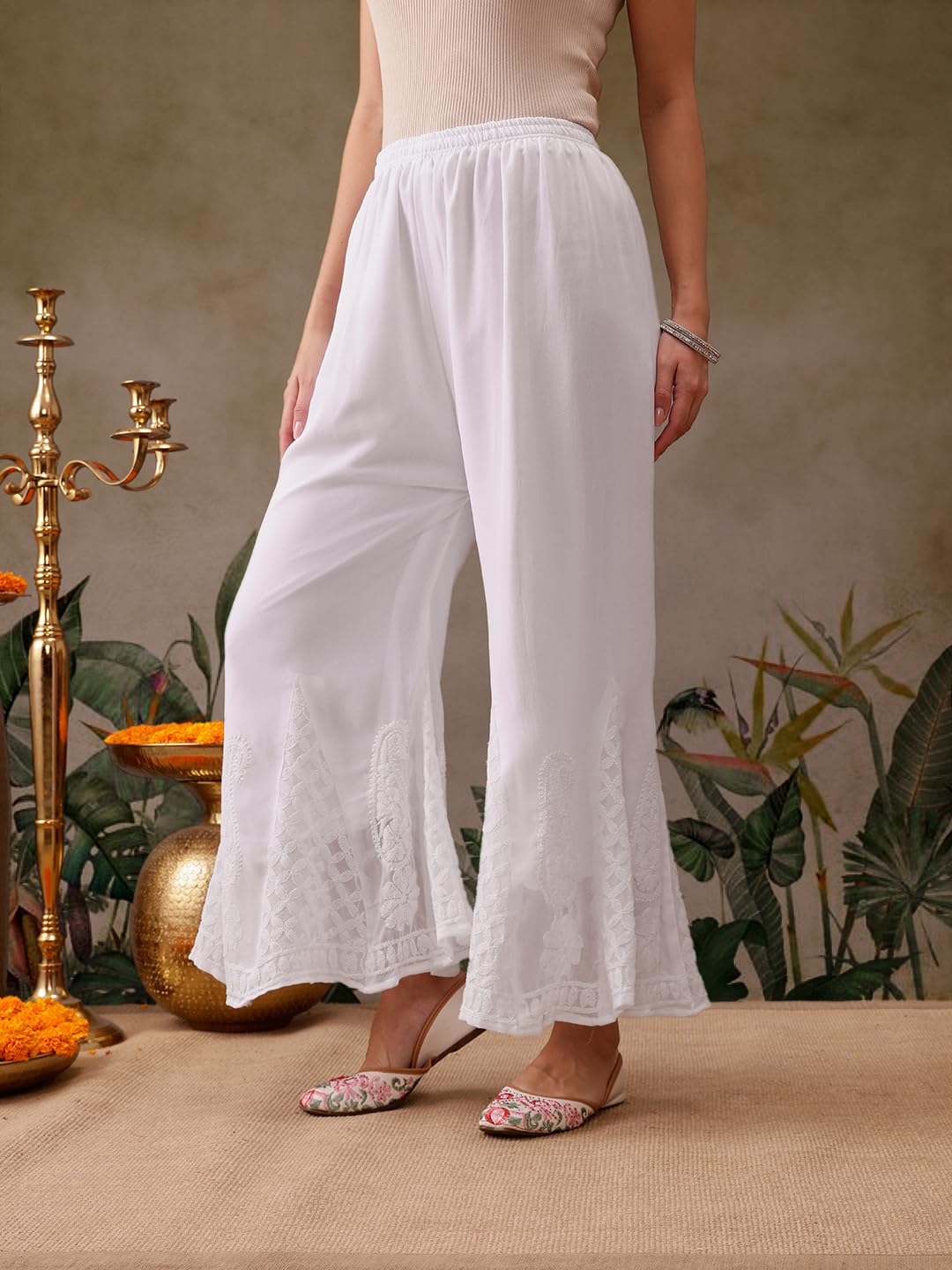 Ada Lucknowi Hand Embroidery Chikankari White Faux Georgette Flared Mid Rise Palazzo for Women A711166 (2XL)