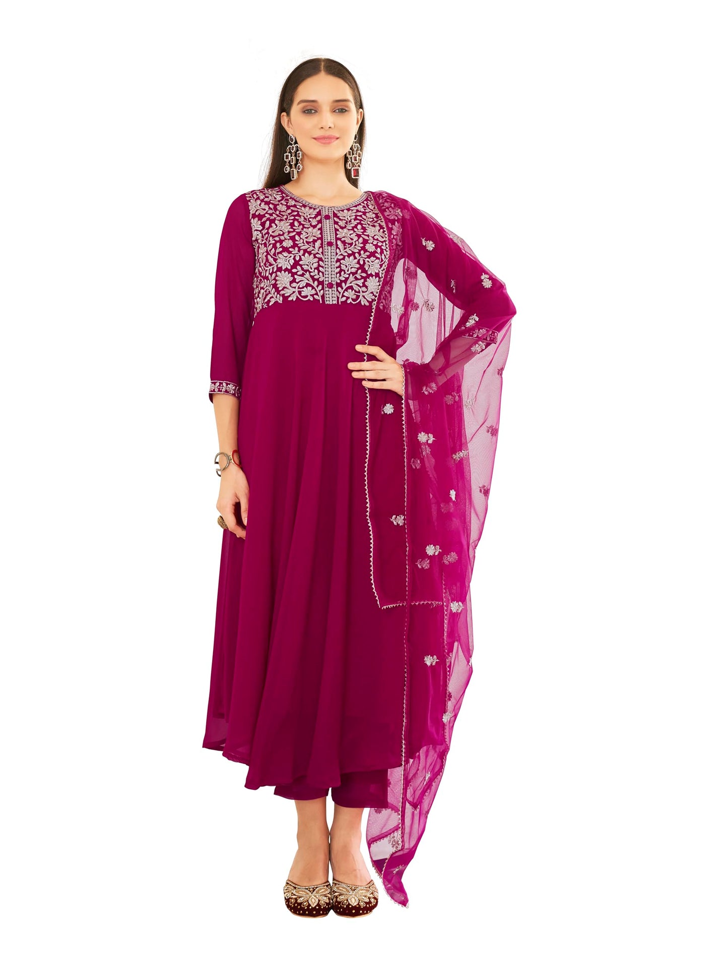 Womanista Women's Magenta Georgette Zari Embroidered Flared Kurta and Pants with Dupatta (Kurtaset_1323_XL)