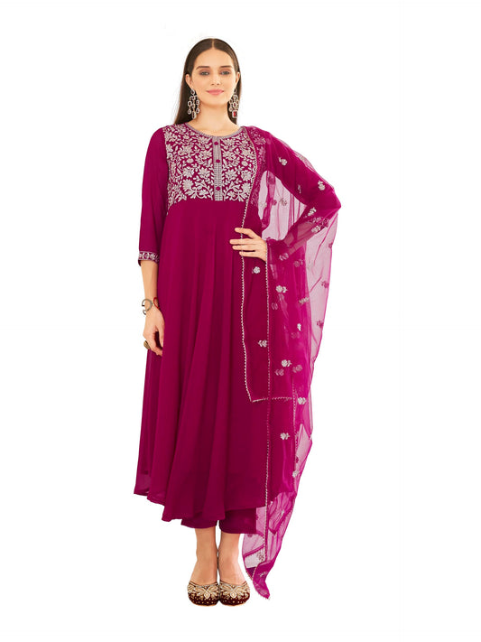 Womanista Women's Magenta Georgette Zari Embroidered Flared Kurta and Pants with Dupatta (Kurtaset_1323_XL)