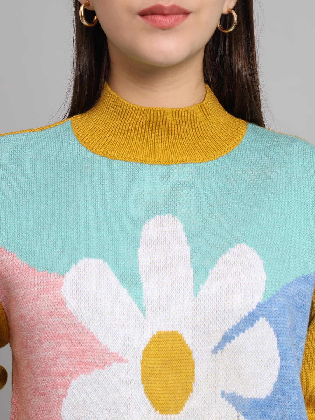 THE DRY STATE Womens Full Sleeves Round Neck Floral Colorblock Pullover Sweater