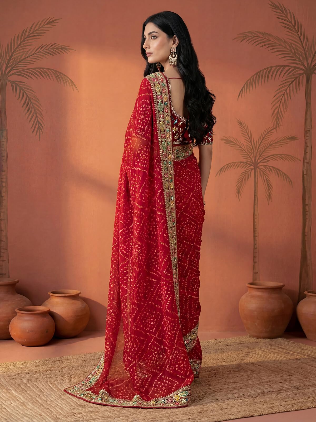 SIRIL Women's Georgette Sequin Embroidery Bandhani Printed Saree with Unstitched Blouse Piece (4486S556AA_Red)