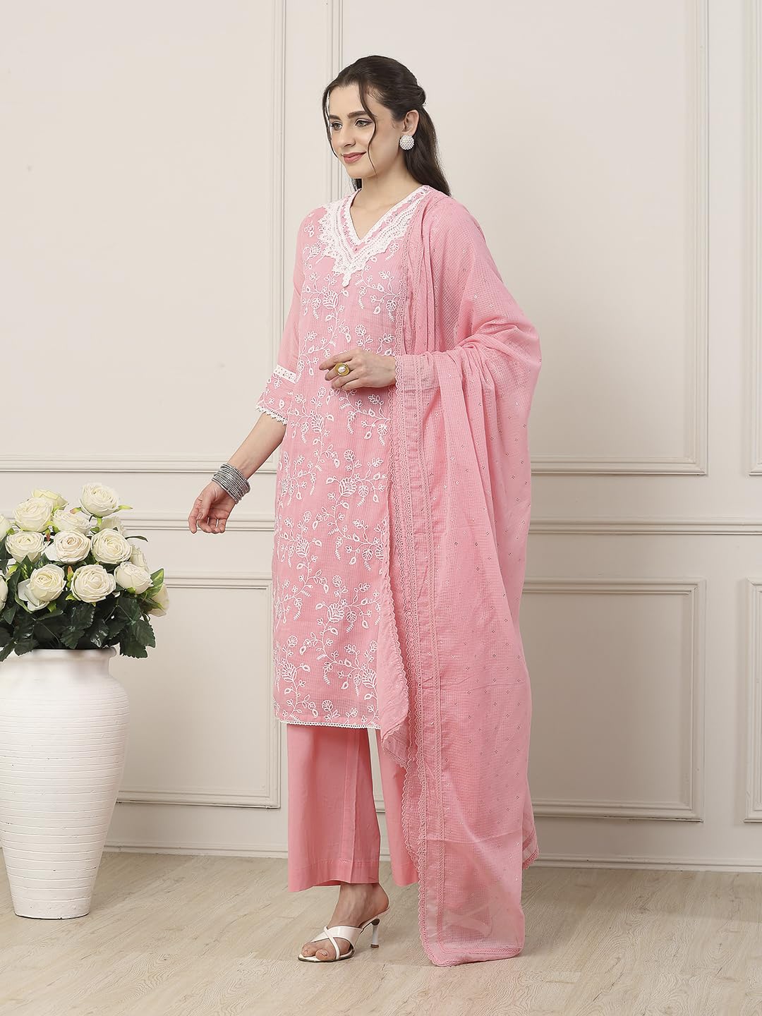 Biba Women Pink Cotton Straight Suit Set_34