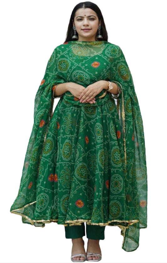 GoSriKi Women's Georgette Bandhani Printed Anarkali Kurta and Pant with Dupatta Set (Preeti Green_L-GS_Green_Large)
