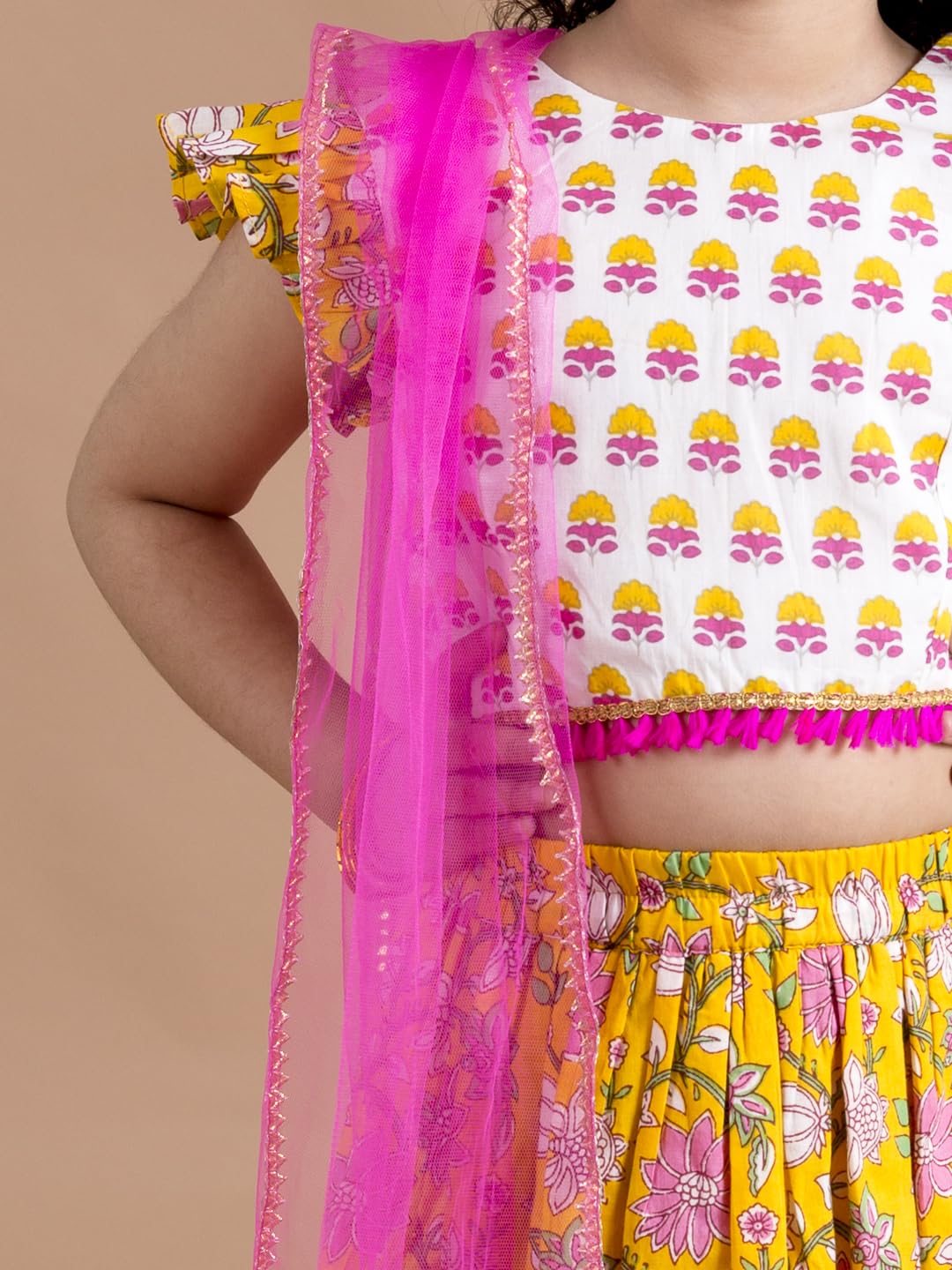 Pspeaches Girls Cotton Yellow White Printed Ready To Wear Readymade Lehenga Set Blouse With Dupatta (Yellow-7-8Y), 7-8 Years