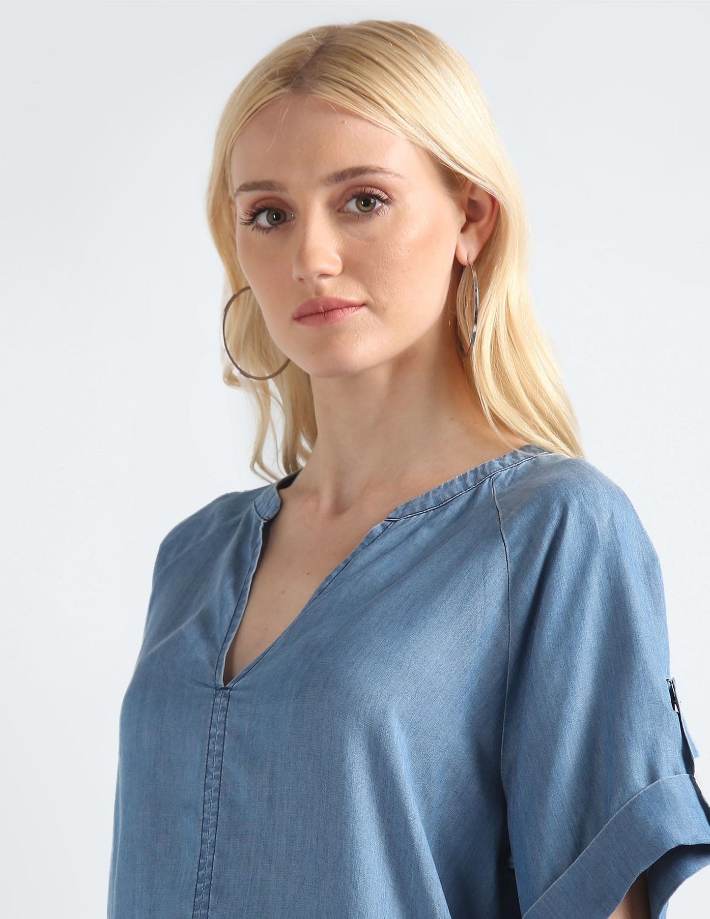 Tommy Hilfiger Blue Lyocell Women's V-Neck Solid Short Sleeve Top (L)