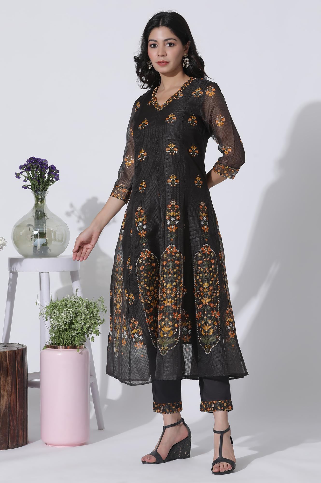 W for Woman Black Floral Printed Flared Kota Kurta, Pants and Dupatta Set_24AUWS11403-123385_XS
