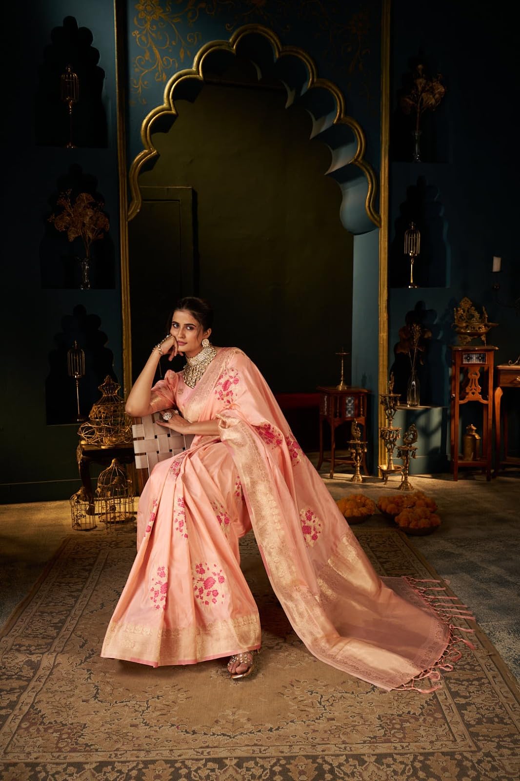 SWORNOF Women's Banarasi silk Saree With Unstitched Blouse Piece (PEACH)
