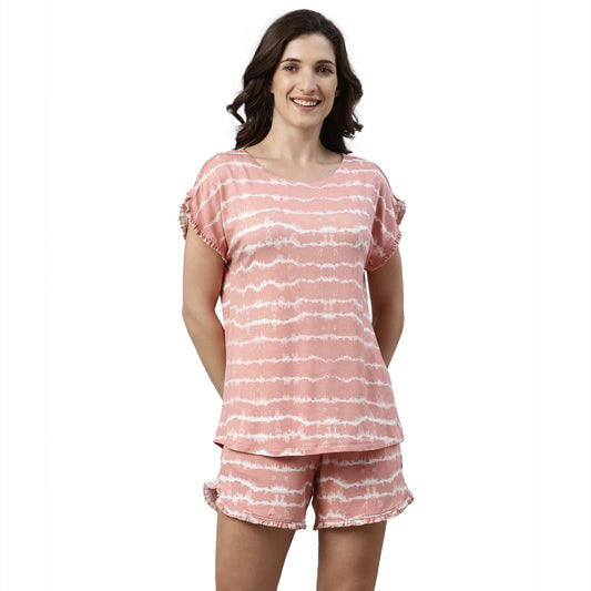 Enamor Essentials Women's Relaxed Fit Modal Fabric Short Sleeve Printed Shirt and Mid-Rise Mid-Thigh Length Slounge Shorts Set - EC14(EC14-Rouge Tie Dye Aop-XXL)